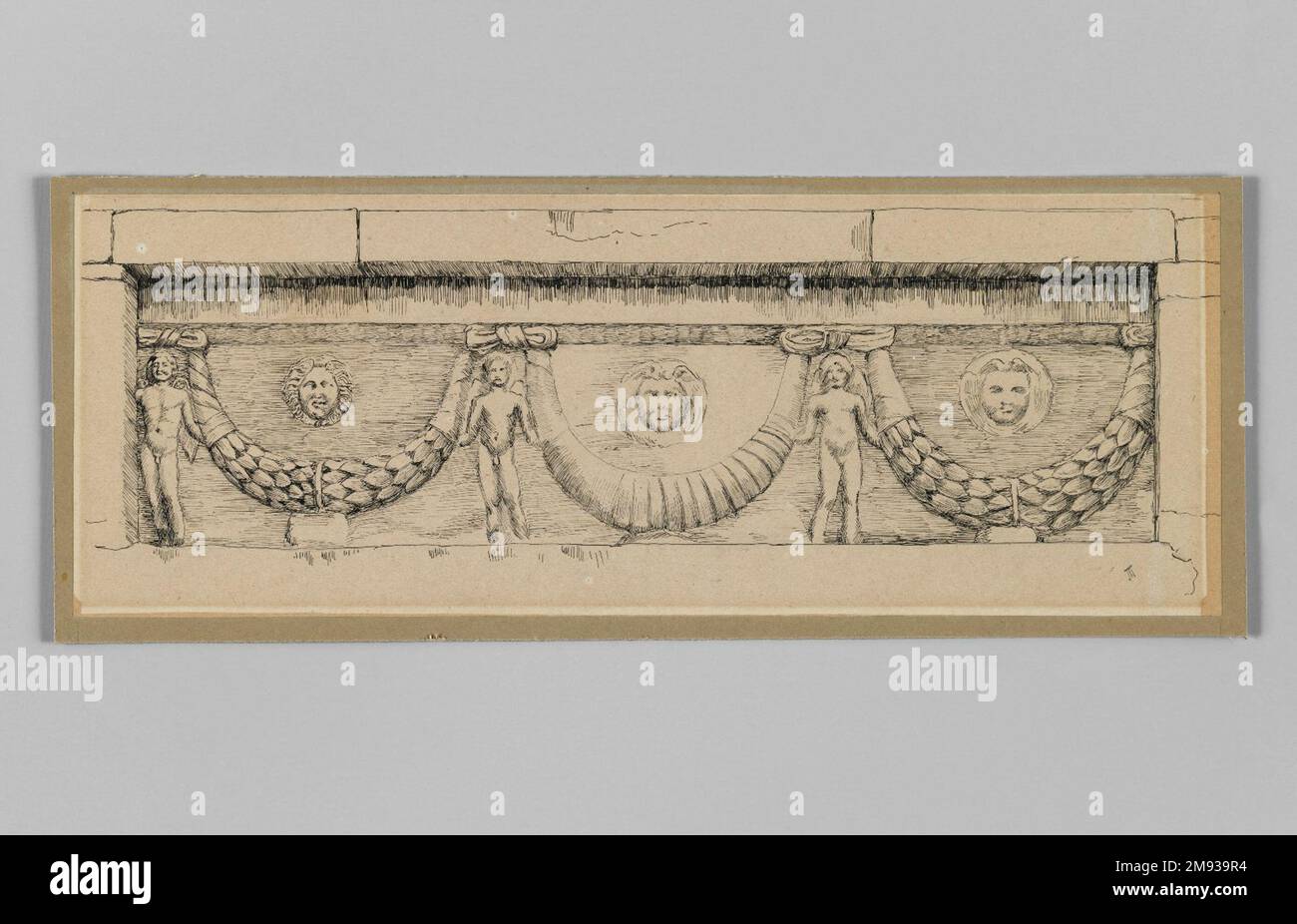 Antiker Frieze in Jefra, auf der Straße von Nablous nach Jerusalem (antikes Felsbrocken à Jefra, Route de Naplouse à Jérusalem) James Tissot (Französisch, 1836-1902). , 1886-1887 oder 1889. Schwarze Tinte mit Graphitunterzug auf Papier, Blatt: 3 15/16 x 10 5/8 Zoll (10 x 27 cm). Europäische Art. 1886-1887 oder 1889 Stockfoto