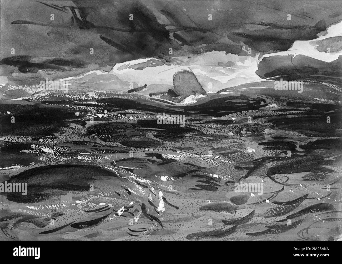 Salmon River John Singer Sargent (Amerikaner, geboren in Italien, 1856-1925). Salmon River, 1901. Opak und durchscheinend, Aquarell und Graphit, 9 15/16 x 13 15/16 Zoll (25,3 x 35,4 cm). Das Wasser im Vordergrund ist ein spektakuläres Beispiel für die Verwendung einer Trockenbürste, einer Technik, bei der der Pinsel, der mit Farbe gerade so viel Flüssigkeit gefüllt ist, dass er auf das Papier übertragen kann, über die Oberfläche gezogen wird. Da die Farbe überwiegend an den hohen Stellen des Papiers verbleibt, ist die Anwendung durch Aussetzer gekennzeichnet (hier fügt man Textur hinzu und deutet darauf hin, dass Wasser rinnt). Sargent hat eine anfängliche Schicht gree angewendet Stockfoto