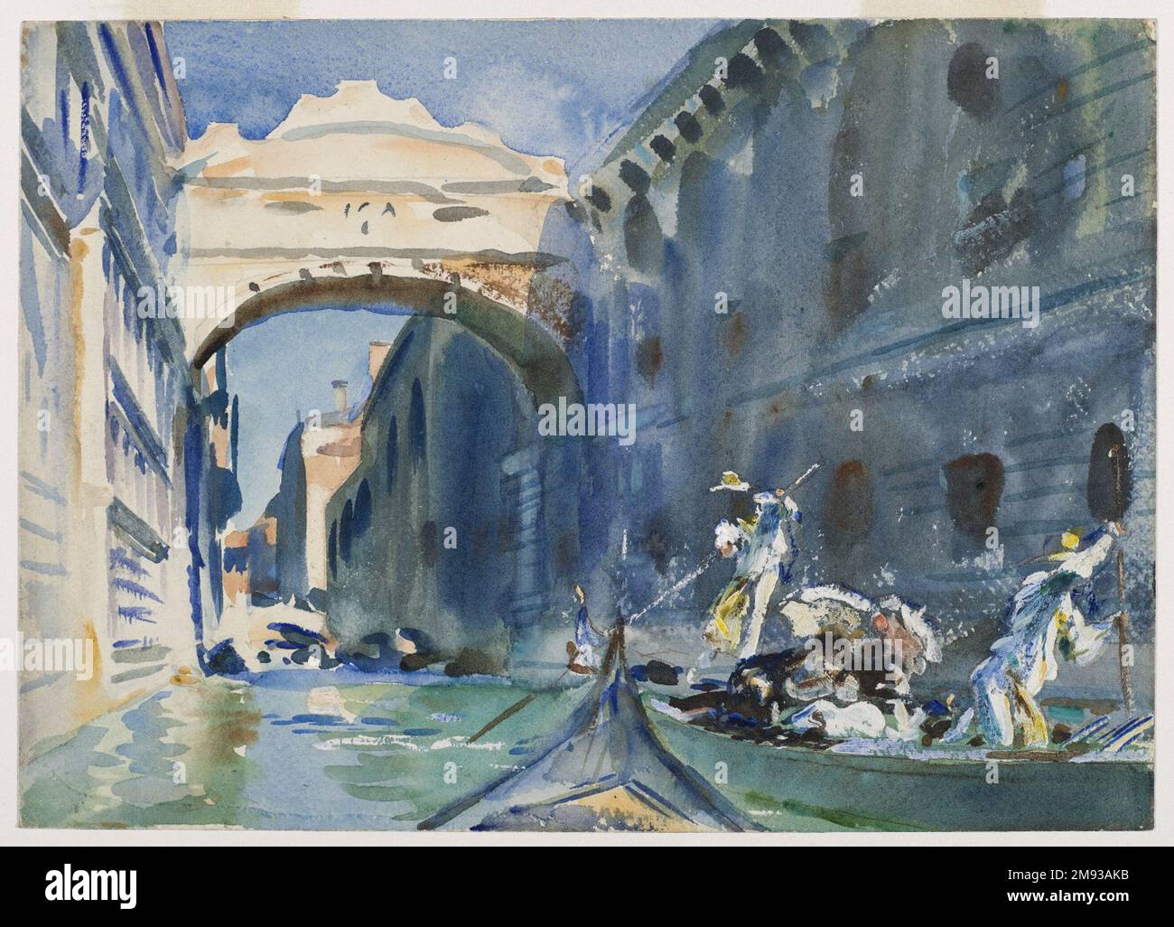 Die Seufzerbrücke John Singer Sargent (Amerikaner, geboren in Italien, 1856-1925). Die Seufzerbrücke, Ca. 1903-1904. Lichtdurchlässige und lichtundurchlässige Aquarelle mit Graphit und rot-pigmentierter Unterzeichnung, 10 x 14in mm. (25,4 x 35,6cm). Sargent verwendete mehrere Techniken, um Licht und Highlights in dieser Arbeit zu erzeugen. Am offensichtlichsten ist die Anwendung von weißem Impasto in den Gondoliern und Figuren im Boot. Der Künstler schuf Licht, indem er das weiße Papier reservierte, das den oberen Teil des Bogens bildet. Eine harte Linie aus blauem Pigment zeigt an, wo die nasse Farbe des Himmels auf das trockene, reservierte Papier traf. Noch subtilere Highlights Stockfoto