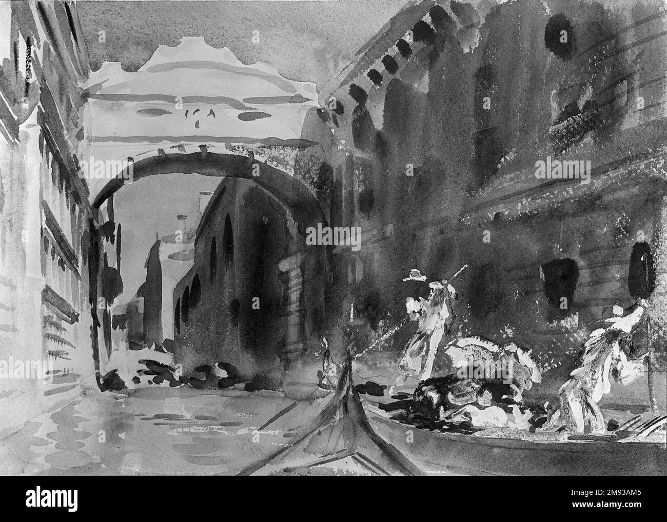 Die Seufzerbrücke John Singer Sargent (Amerikaner, geboren in Italien, 1856-1925). Die Seufzerbrücke, Ca. 1903-1904. Lichtdurchlässige und lichtundurchlässige Aquarelle mit Graphit und rot-pigmentierter Unterzeichnung, 10 x 14in mm. (25,4 x 35,6cm). Sargent verwendete mehrere Techniken, um Licht und Highlights in dieser Arbeit zu erzeugen. Am offensichtlichsten ist die Anwendung von weißem Impasto in den Gondoliern und Figuren im Boot. Der Künstler schuf Licht, indem er das weiße Papier reservierte, das den oberen Teil des Bogens bildet. Eine harte Linie aus blauem Pigment zeigt an, wo die nasse Farbe des Himmels auf das trockene, reservierte Papier traf. Noch subtilere Highlights Stockfoto