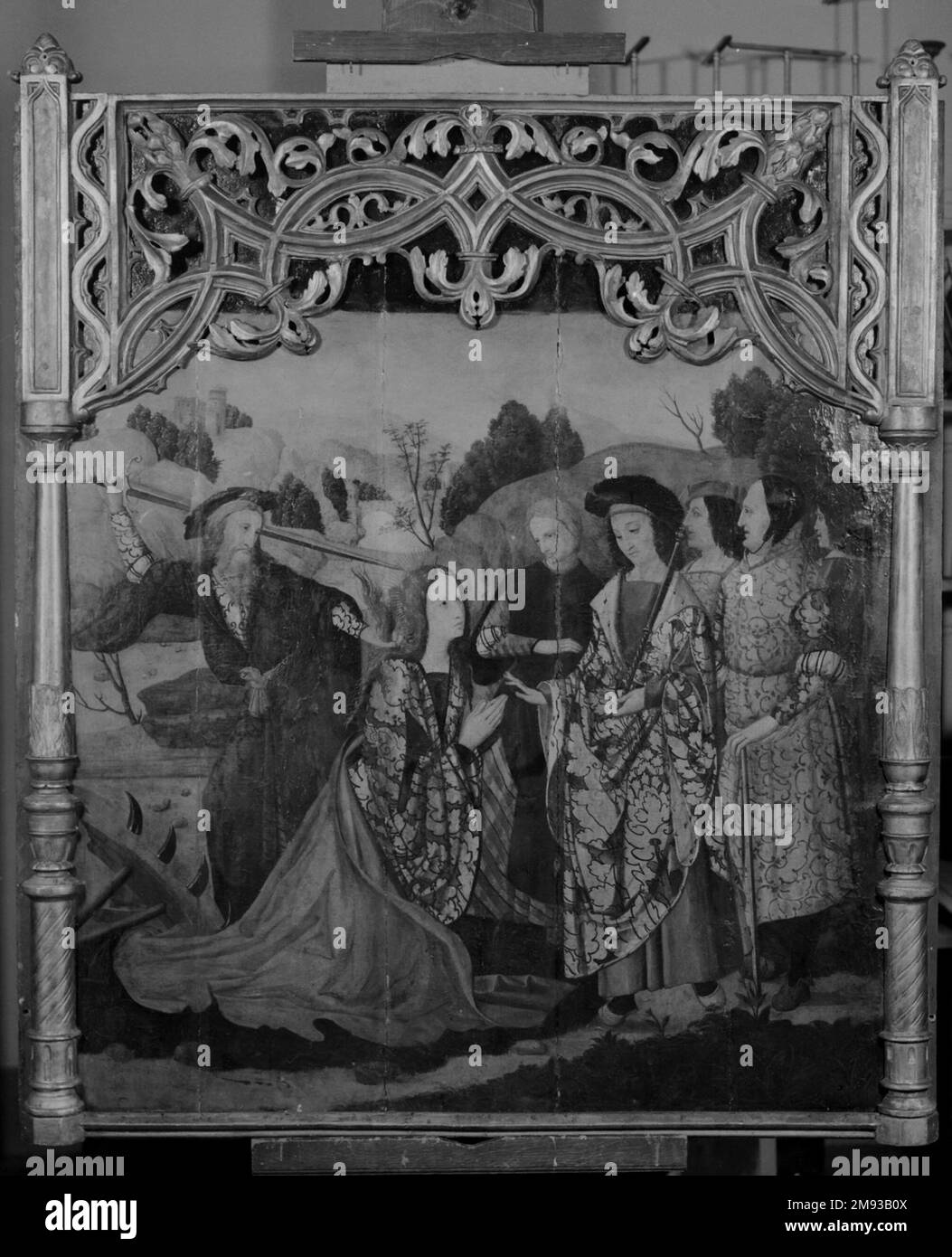 Das Märtyrertum von St. Catherine Andrés López (Spanisch, dokumentiert 1505-1515). Das Märtyrertum von St. Catherine, Anfang des 16. Jahrhunderts. Öl auf Platte, 56 3/4 x 50 1/8 Zoll (144,1 x 127,3 cm). Europäische Kunst Anfang des 16. Jahrhunderts Stockfoto