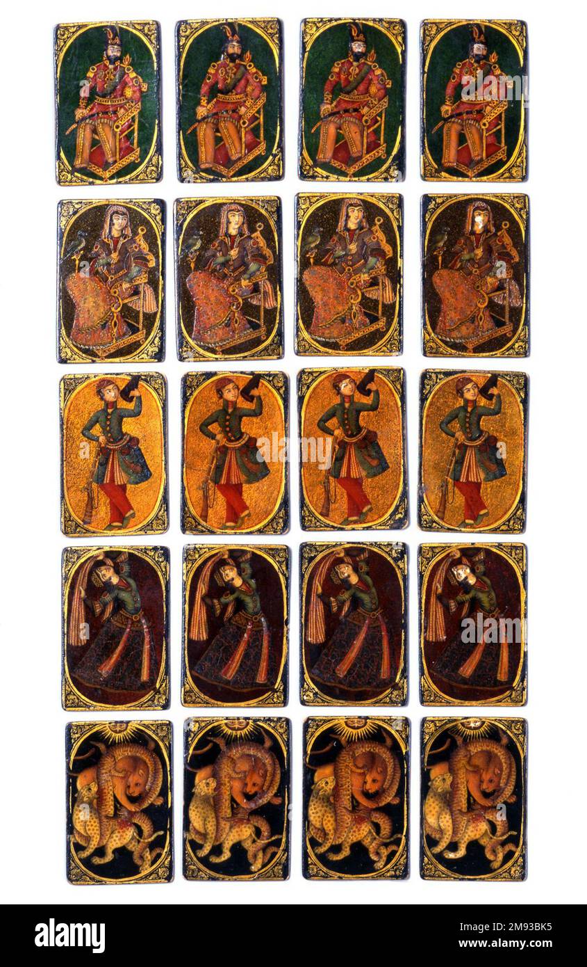 Bibi oder Queen Spielkarte für das Spiel von NAS Bibi oder Queen Spielkarte für das Spiel von NAS, Mitte des 19. Jahrhunderts. Tinte, lichtundurchlässige Aquarelle und Gold auf Holz oder papiermâché unter lackiertem Lack, 2 3/8 x 1 9/16 Zoll (6,0 x 4,0 cm). Der vollständige Kartensatz für das nas-Spiel enthält zwanzig Karten mit jeweils vier von fünf Anzügen. Die Anzüge sind der König, die Königin, die Coulis, oder Tänzer, der Serbaz, Oder ein Soldat, und das As, oder Ass, in Form eines Löwen und Tigers, der von einem Schlangen-Drachen verschlungen wird. Kunst der islamischen Welt Mitte des 19. Jahrhunderts Stockfoto Bibi oder Queen Spielkarte für das Spiel von NAS Bibi oder Queen Spielkarte für das Spiel von NAS, Mitte des 19. Jahrhunderts. Tinte, lichtundurchlässige Aquarelle und Gold auf Holz oder papiermâché unter lackiertem Lack, 2 3/8 x 1 9/16 Zoll (6,0 x 4,0 cm). Der vollständige Kartensatz für das nas-Spiel enthält zwanzig Karten mit jeweils vier von fünf Anzügen. Die Anzüge sind der König, die Königin, die Coulis, oder Tänzer, der Serbaz, Oder ein Soldat, und das As, oder Ass, in Form eines Löwen und Tigers, der von einem Schlangen-Drachen verschlungen wird. Kunst der islamischen Welt Mitte des 19. Jahrhunderts Stockfoto