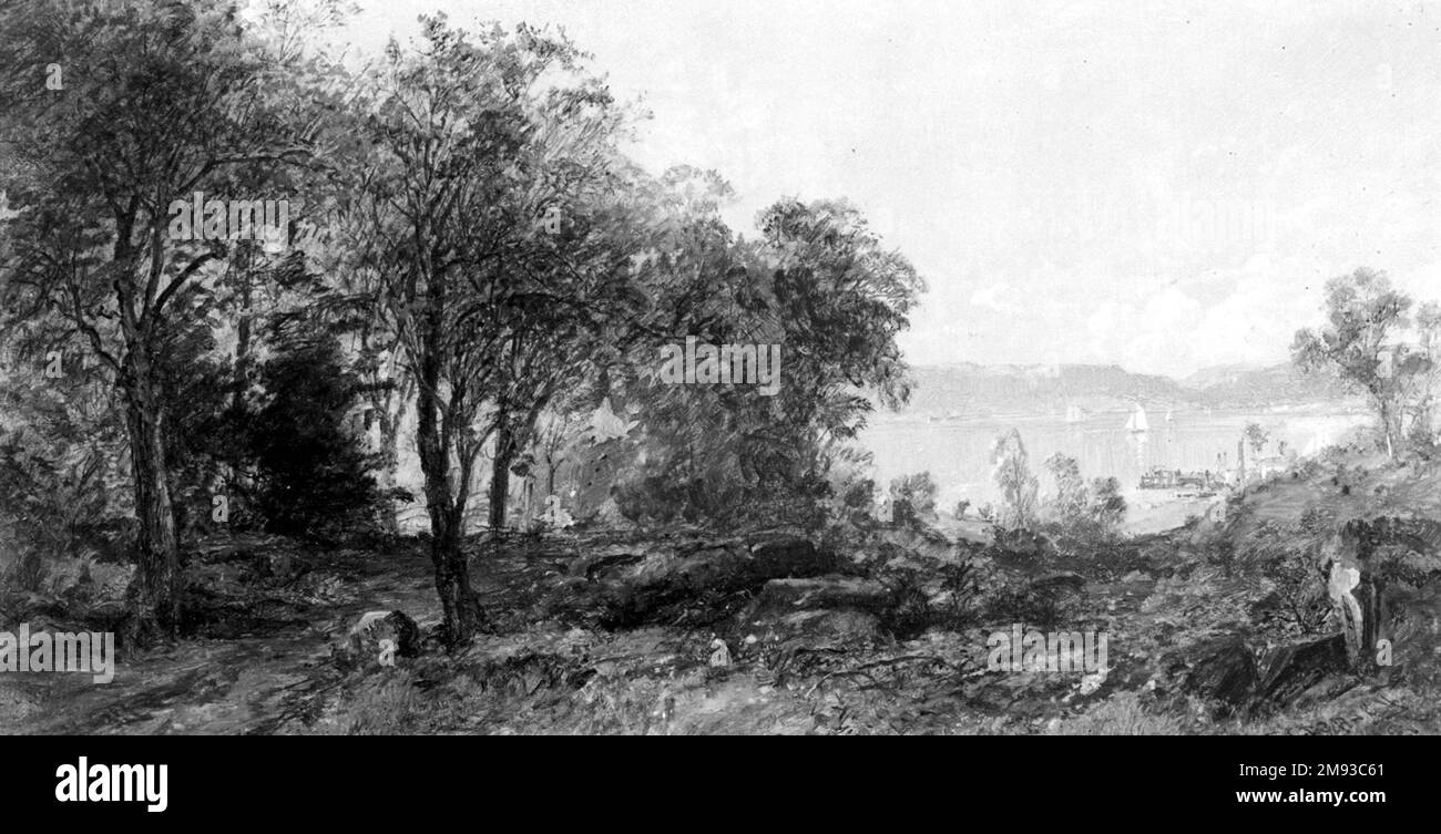 Blick auf das Hudson Jasper Francis Cropsey (amerikanisch, 1823-1900). Blick auf den Hudson, 1886. Öl auf Segeltuch, 8 5/8 x 16 Zoll (21,9 x 40,6 cm). Amerikanische Kunst 1886 Stockfoto