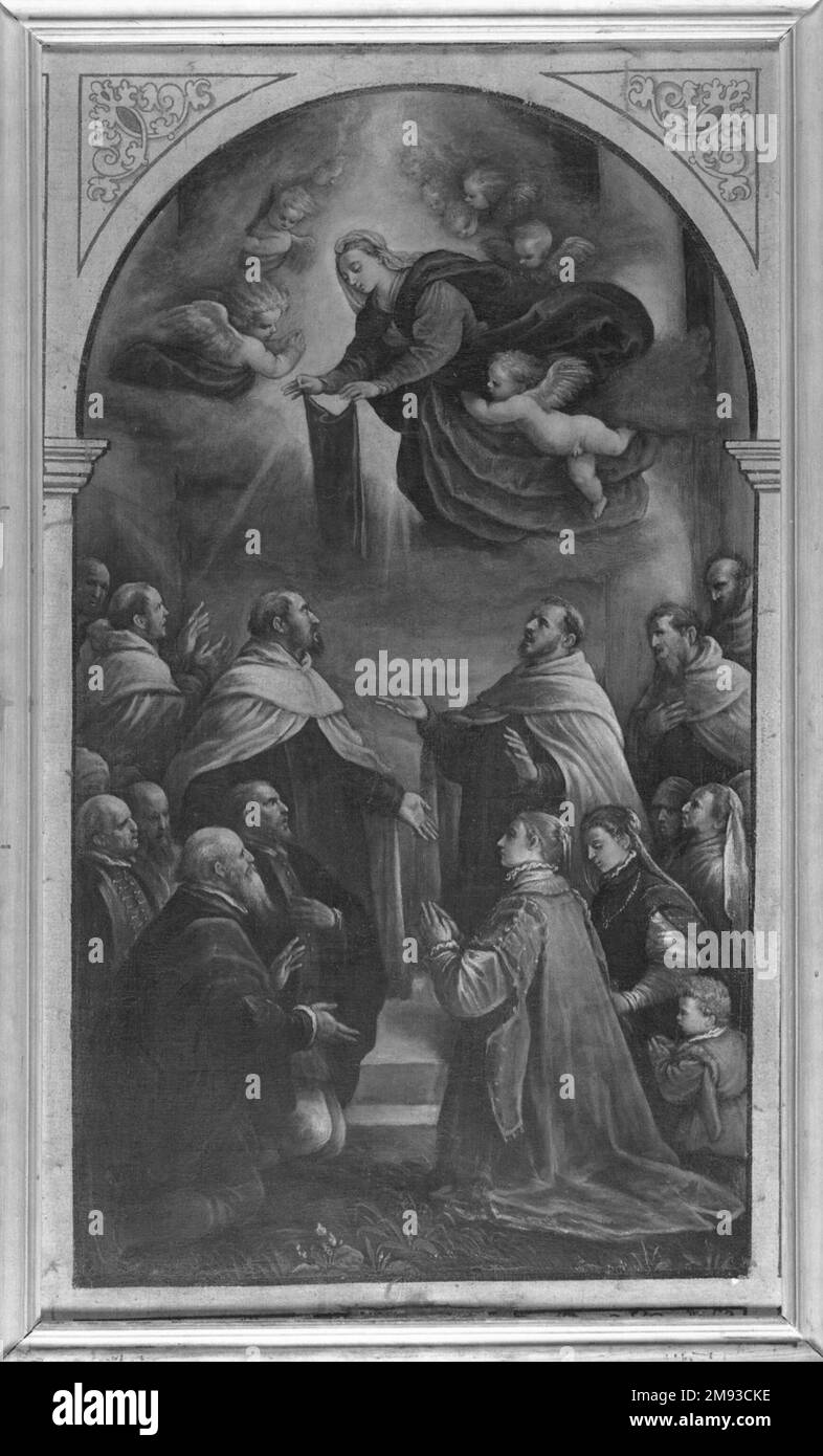 Zweiseitiges Processional Banner Obverse: The Annunciation Reverse: Erscheinung der Jungfrau mit dem karmelitischen Scapular Leandro dal Ponte, genannt Leandro Bassano und Workshop (Italienische, venezianische Schule, 1557-1622). , Anfang des 17. Jahrhunderts. Öl auf Segeltuch, 44 x 26 Zoll Europäische Kunst Anfang des 17. Jahrhunderts Stockfoto