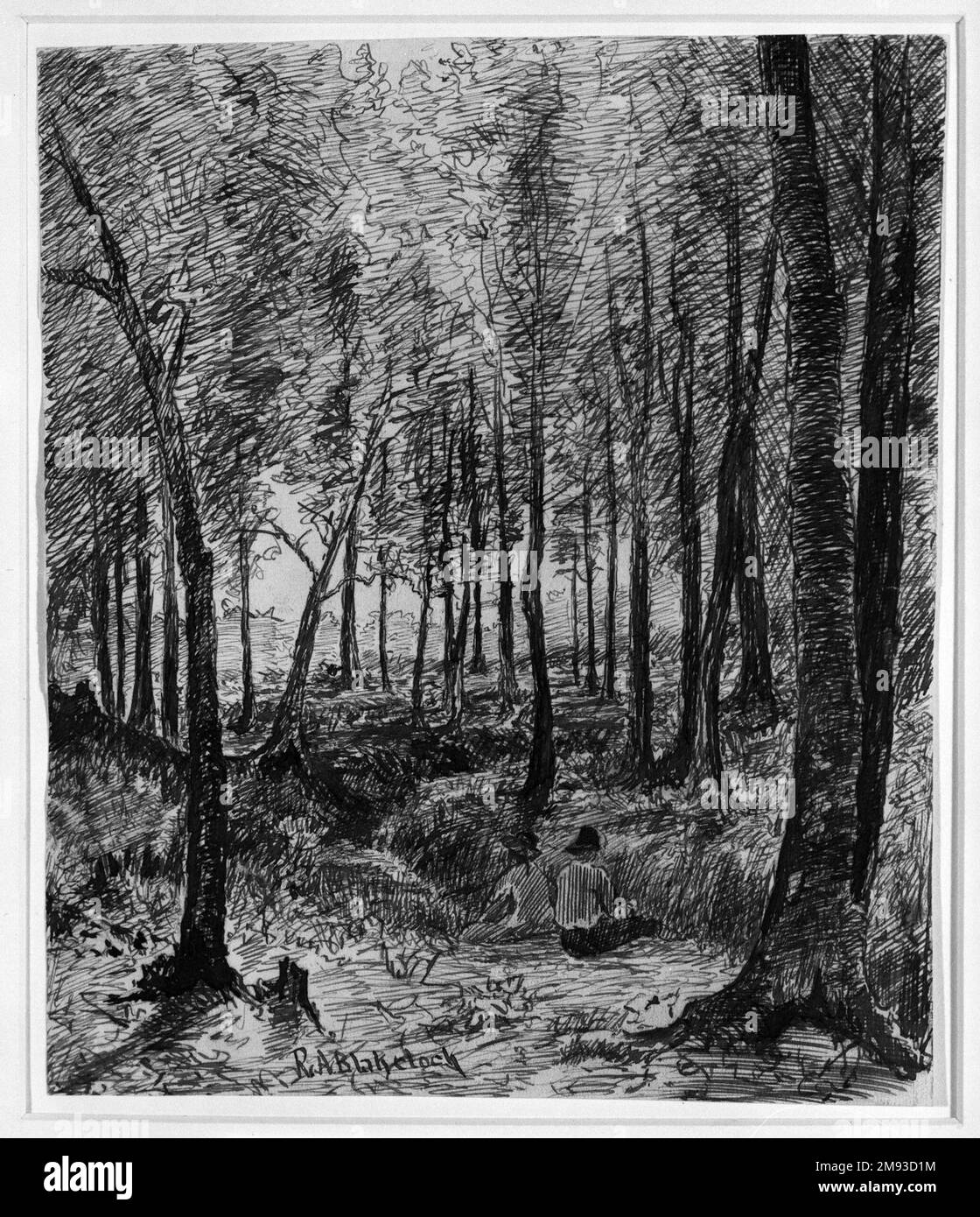 Waldszene mit zwei Figuren, Ralph Albert Blakelock (amerikanisch, 1847-1919). Waldszene mit zwei Figuren, n. d. Stift und Tinte auf Papier, Blatt: 6 15/16 x 8 5/16 Zoll (17,6 x 21,1 cm). American Art n.d. Stockfoto