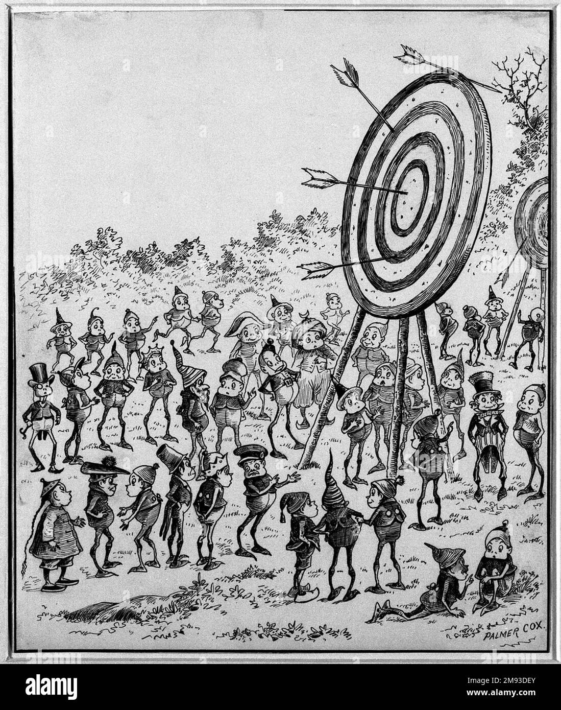 Die Brownies in the Orchard Palmer Cox (Amerikaner, geboren in Kanada, 1840-1924). Die Brownies im Obstgarten, 1890. Stift und Tinte auf weißem gewebtem Papier, Blatt: 9 1/16 x 7 9/16 Zoll (23 x 19,2 cm). Amerikanische Kunst 1890 Stockfoto