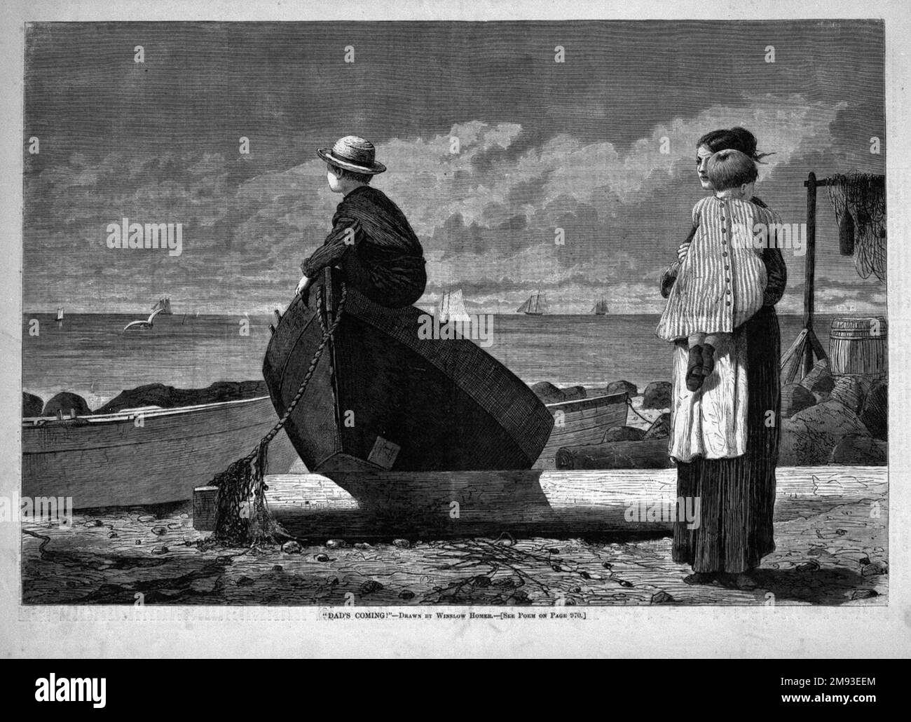 Papa kommt! Winslow Homer (Amerikanisch, 1836-1910). 1873. Holzgravierung, Bild: 9 1/4 x 13 5/8 Zoll (23,5 x 34,6 cm). Homer verbrachte den Sommer 1873 in Gloucester, Massachusetts. Am Sonntag, dem 24. August, forderte ein besonders starker Sturm neun Boote und das Leben von 128 Männern. Dieses Bild wurde höchstwahrscheinlich von diesem Vorfall inspiriert. Das Leben eines Fischers war immer gefährlich, und Stürme und Gefahren waren ständig in den Köpfen der zurückgelassenen Frauen und Kinder. Man kann nicht widerstehen zu spekulieren, dass der Junge mit seinem Strohhut als Symbol seiner Unschuld bald selbst auf einem dieser Boote sein wird Stockfoto