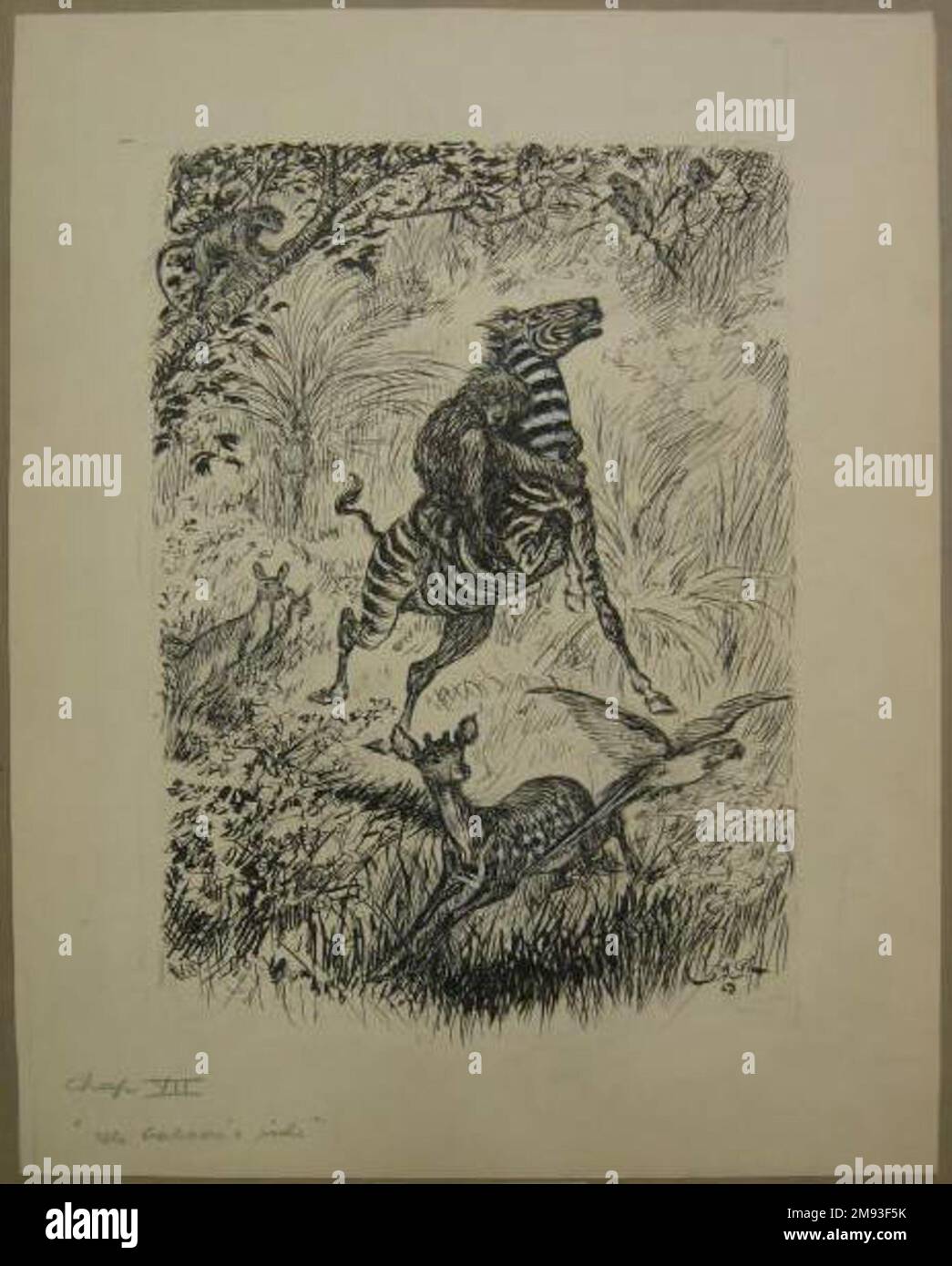 Kapitel VII „The Animal Village“, „The Baboon's Ride“ Reginald Birch (Amerikaner, geboren in London, England, 1856-1943). 1940. Schwarze Tinte mit einem Hauch weißer Korrekturflüssigkeit auf schwerem gewebtem Papier, Blatt: 19 1/8 x 15 1/16 Zoll (48,6 x 38,3 cm). Amerikanische Kunst 1940 Stockfoto