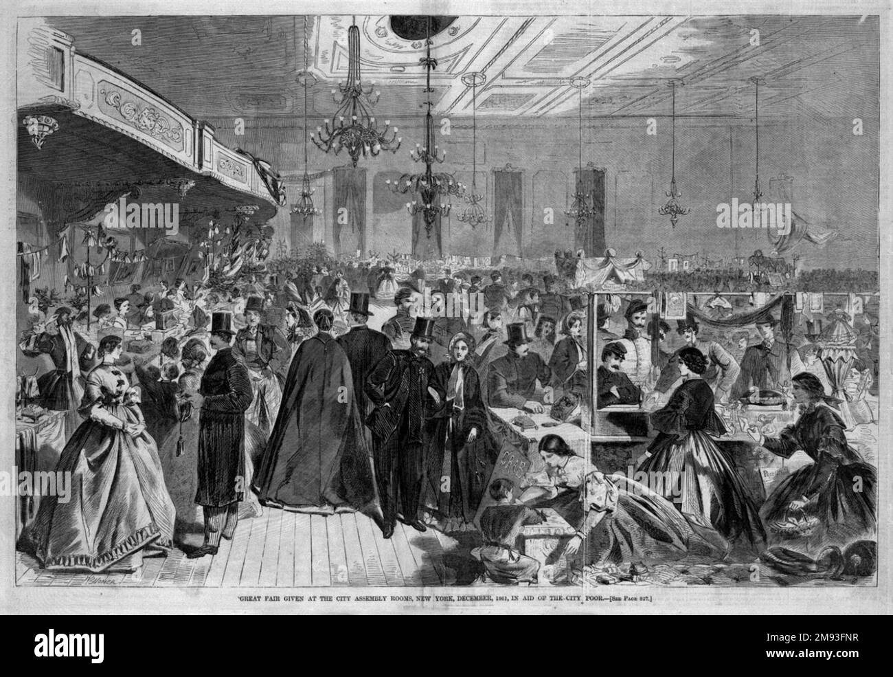 Große Messe, die im Dezember 1861 in den City Assembly Rooms, New York, in Aid of the City Poor Winslow Homer (amerikanisch, 1836-1910) veranstaltet wird. , 1861. Holzgravierung, Bild: 13 3/8 x 20 3/8 Zoll (34 x 51,8 cm). Diese Gravur zeigt eine Wohltätigkeitsveranstaltung für die Armen, die in Manhattan während der ersten Weihnachtszeit des Bürgerkriegs stattfand. Die von einer lokalen Frauengruppe organisierte Vergünstigung war laut dem beigefügten Text von Harper's Weekly „ein voller Erfolg. Die Vielfalt an Schönheit und Mode, die sich an den Tischen versammelten, wurde nie übertroffen, und die Erlöse werden sich als attraktiver Fonds erweisen.“ Wie das Brooklyn Stockfoto