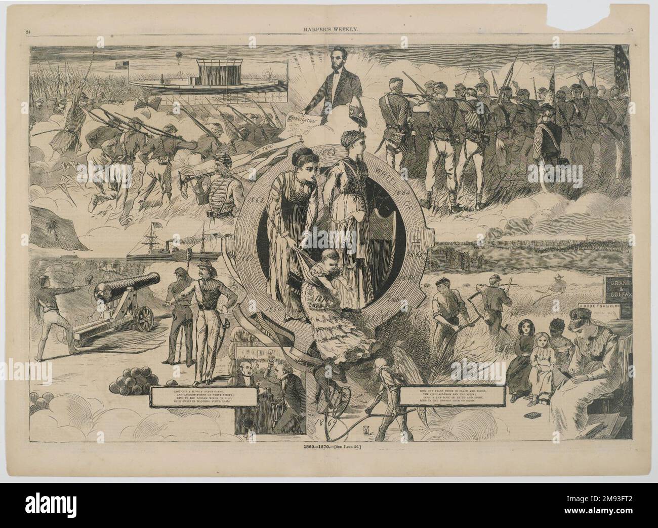 1860-1870 Winslow Homer (Amerikanisch, 1836-1910). , 1870. Holzgravierung, Abbildung: 13 1/2 x 20 5/8 Zoll (34,3 x 52,4 cm);. Im Januar 1870 fasste Homer die wichtigsten Ereignisse des letzten Jahrzehnts in diesem retrospektiven Bild zusammen. Dominiert von Krieg- und Konfliktszenen wurden in den 1860er Jahren auch die Emanzipationsproklamation und der Beginn des zivilen Wiederaufbaus begangen. Unten rechts trägt eine Lehrerin zum sozialen Fortschritt der Nation bei, indem sie sowohl schwarze als auch weiße Kinder in ihrem Klassenzimmer unterrichtet. Die Frauen in der Mitte repräsentieren den Frieden und Wohlstand, den die Amerikaner hofften, das neue Jahrzehnt würde brinken Stockfoto