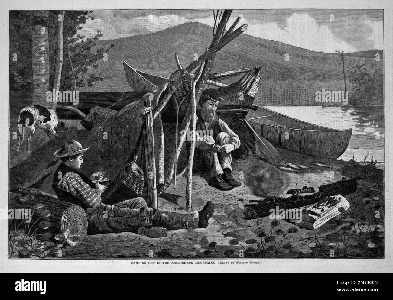 Camping in den Adirondack Mountains Winslow Homer (amerikanisch, 1836-1910). , 1874. Holzgravierung, Bild: 9 1/8 x 13 3/4 Zoll (23,2 x 34,9 cm). Im letzten Bild von Adirondack, das Homer für die illustrierte Presse vorbereitet hat, präsentierte er erneut die einheimischen Holzmänner in einer vertrauten und beliebten Umgebung. Zwei Männer sitzen vor einer Rinde, die sich am Ufer des Minkteichs anlehnt, bevor ein Schmutzfeuer brennt, um Insekten fern zu halten. Das nahe gelegene Kanu, verschiedene Angelsachen und eine Fischkette verkünden das Ende eines erfolgreichen Tages auf dem Teich. Homer, ein begeisterter Fischer, hat vielleicht an dieser Exzu teilgenommen Stockfoto