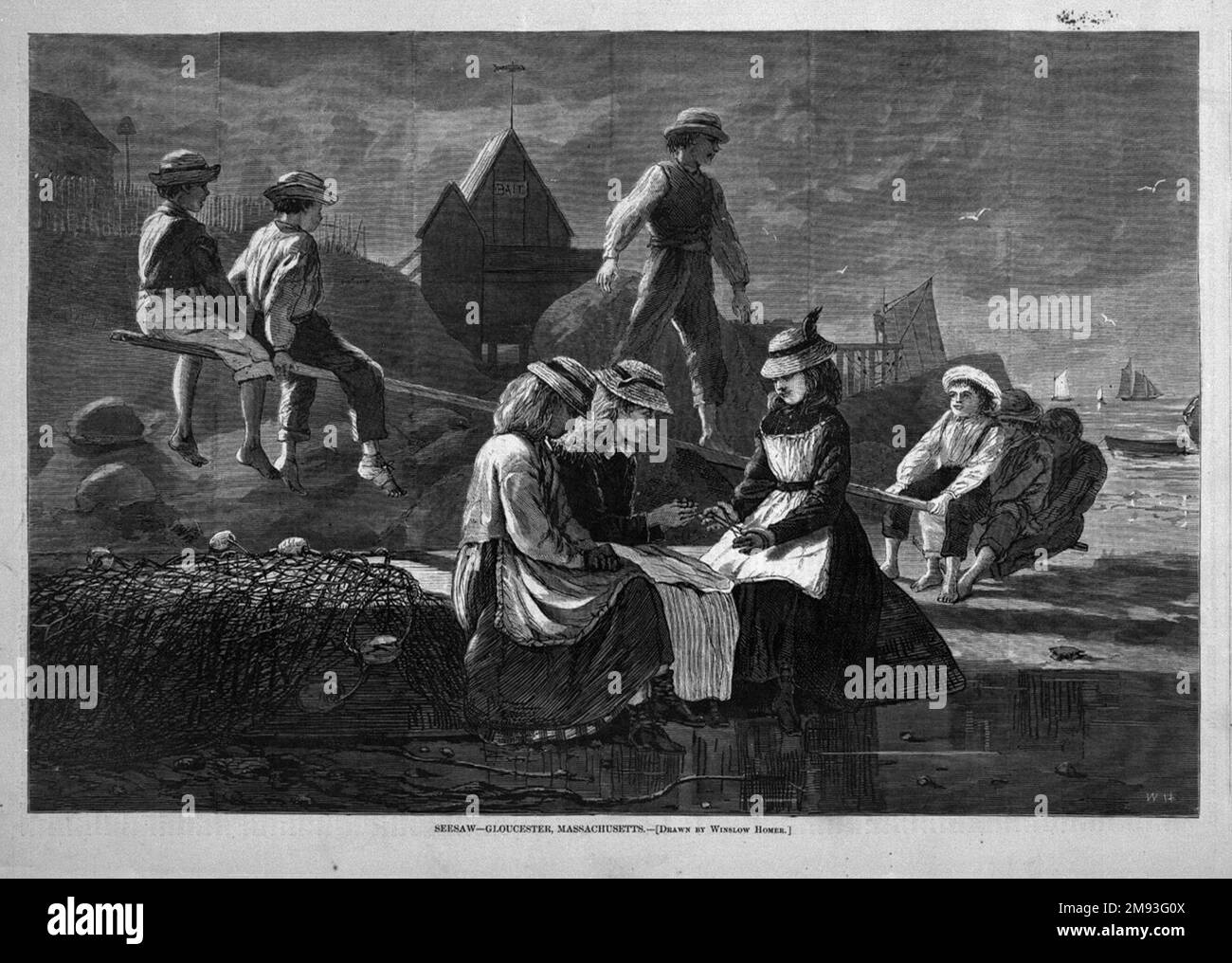 Seesaw--Gloucester, Massachusetts Winslow Homer (Amerikanisch, 1836-1910). , 1874. Holzgravierung, Bild: 9 1/4 x 14 Zoll (23,5 x 35,6 cm). Diese Illustration ist eine Kombination aus zwei früheren Aquarellen – einer, der die Jungen auf der Wippe darstellte, und einer, der die drei Mädchen darstellte, die Katzenwippe im Vordergrund spielten. Die hier dargestellte Trennung von Einzelpersonen oder Gruppen von Einzelpersonen ist bei Homers Arbeit nicht ungewöhnlich. Die Mädchen werden von den Jungen über ihnen dominiert, und doch bilden die Mädchen auch eine Basis, die die Zusammensetzung stabilisiert, was vielleicht Homers Ansichten über Beziehungen widerspiegelt Stockfoto