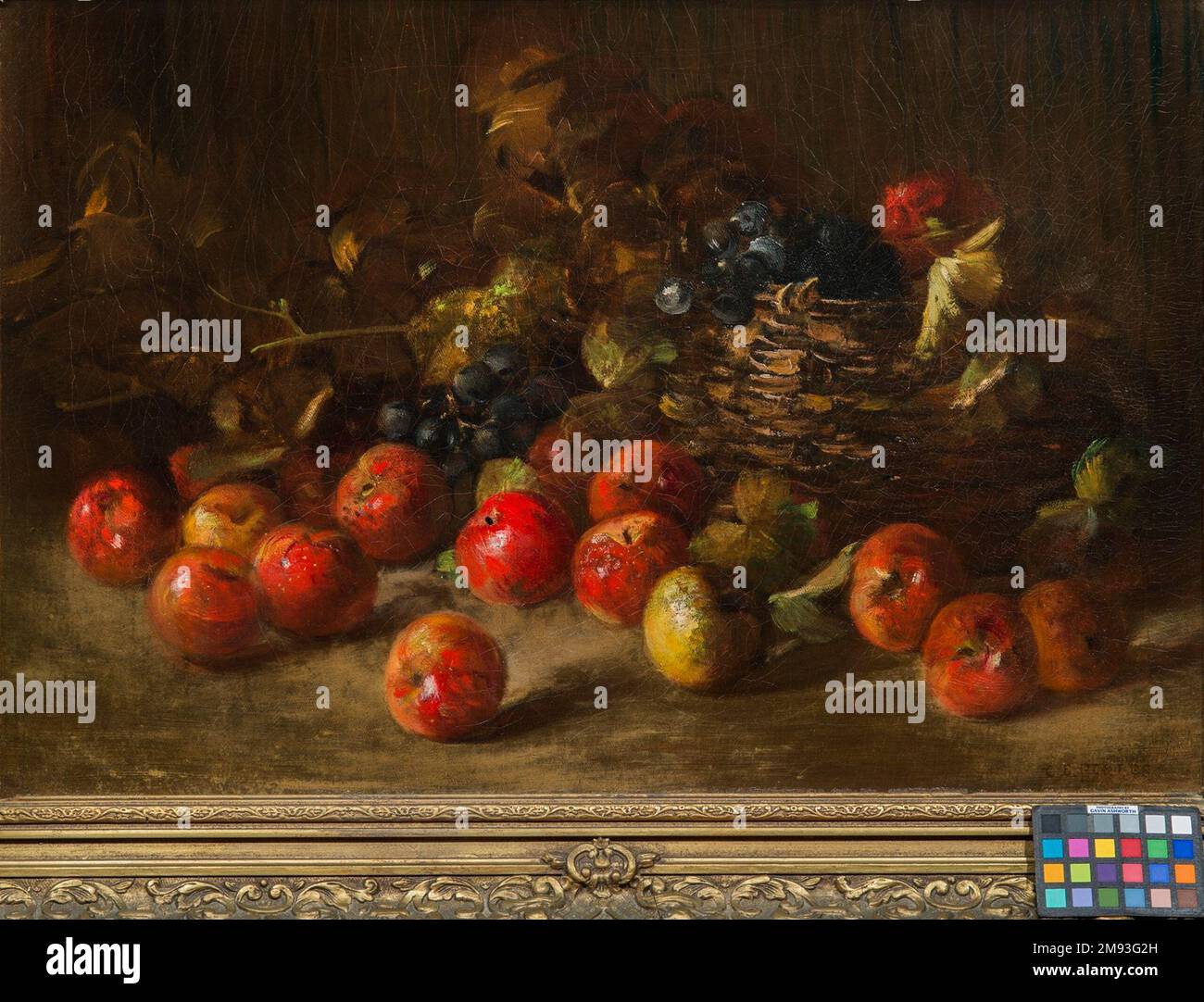 Stillleben mit Obstkorb Charles Ethan Porter (amerikanisch, 1847-1923). , 1878. Öl auf Segeltuch, 16 x 24 Zoll (40,6 x 61 cm). Charles Ethan Porter war ein führender afroamerikanischer Still-Life-Maler des 19. Jahrhunderts. Von 1869 bis 1873 war er einer der ersten Afroamerikaner, die an der renommierten National Academy of Design in New York ausgebildet wurden. Dieses Werk zeigt die erdige Palette und sichtbare Sträucher, die in Mode kamen, um eine detailliertere und fertige Ästhetik aus der Mitte des Jahrhunderts zu ersetzen, wie sie in dem nahegelegenen Gemälde von George Henry Hall zu sehen ist. Amerikanische Kunst 1878 Stockfoto
