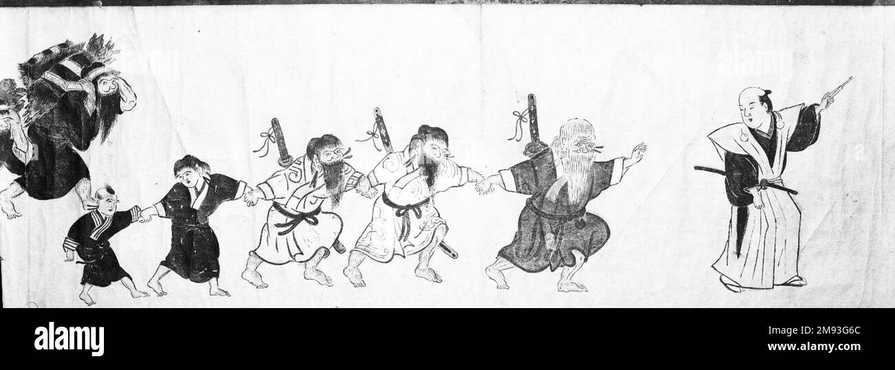 Lokale Bräuche der Ainu Ainu. Lokale Bräuche des Ainu, 19. Jahrhundert. Handscrollen, Tinte und Farben auf Papier, 10 5/8 x 332 1/8 Zoll (27 x 843,6 cm). Asiatische Kunst im 19. Jahrhundert Stockfoto