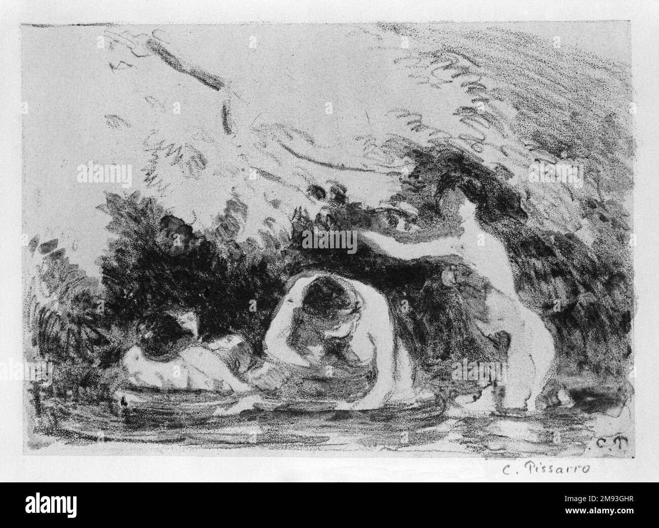 Badende im Schatten bewaldeter Ufer (Baigneuses à l'ombre des berges boisées) Camille Jacob Pissarro (Saint Thomas, (früher Dänische Westindien), 1830–1903, Paris, Frankreich). Badende im Schatten bewaldeter Ufer (Baigneuses à l'ombre des berges boisées), 1894. Lithograf auf colle-Papier, 6 1/8 x 8 11/16 Zoll (15,5 x 22 cm). Europäische Art. 1894 Stockfoto