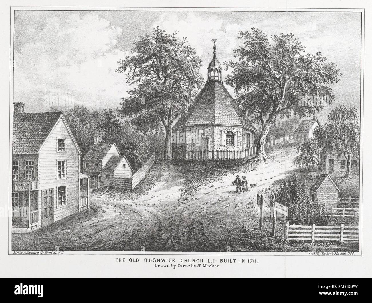 Die Old Bushwick Church L.I. Erbaut 1711 G. Hayward. , 1864. Lithographie die erste niederländische Reformkirche, hier abgebildet, wurde in der Stadt Bushwick (nördlich der Stadt Brooklyn) in der achteckigen Form erbaut, die typisch für protestantische Kirchen in den Niederlanden ist. Diese Kirche war ein wichtiges Zentrum des bürgerlichen Lebens und half, die niederländische Sprache und Kultur für ihre Gemeinde zu erhalten. Mitte des 19. Jahrhunderts hat das nostalgische und antike Interesse an der Vergangenheit der Region die Nachfrage nach Bildern historischer Gebäude, darunter dieses, das 1828 zerstört worden war, gefördert. Ame Stockfoto