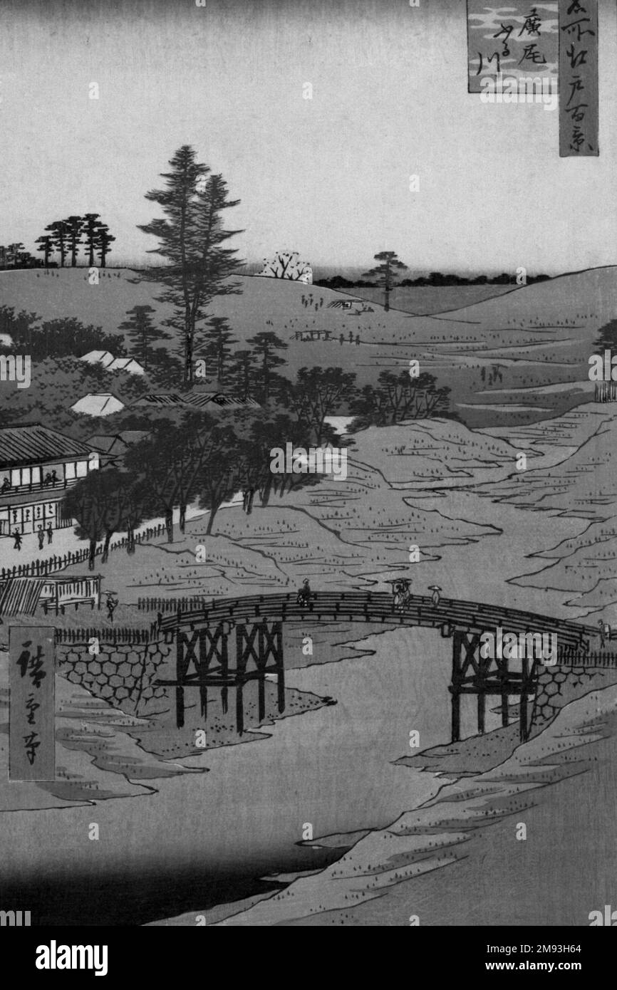 Furukawa River, Hiroo, aus der Serie einhundert berühmte Ausblicke auf Edo Utagawa Hiroshige (Ando) (Japanisch, 1797-1858). Furukawa River, Hiroo, aus der Reihe einhundert berühmte Ausblicke auf Edo, Juli 1856. Farbiger Holzblockdruck auf Papier, Blatt: 13 3/8 x 9 1/4 Zoll (34,0 x 23,5 cm);. Asiatische Kunst Juli 1856 Stockfoto