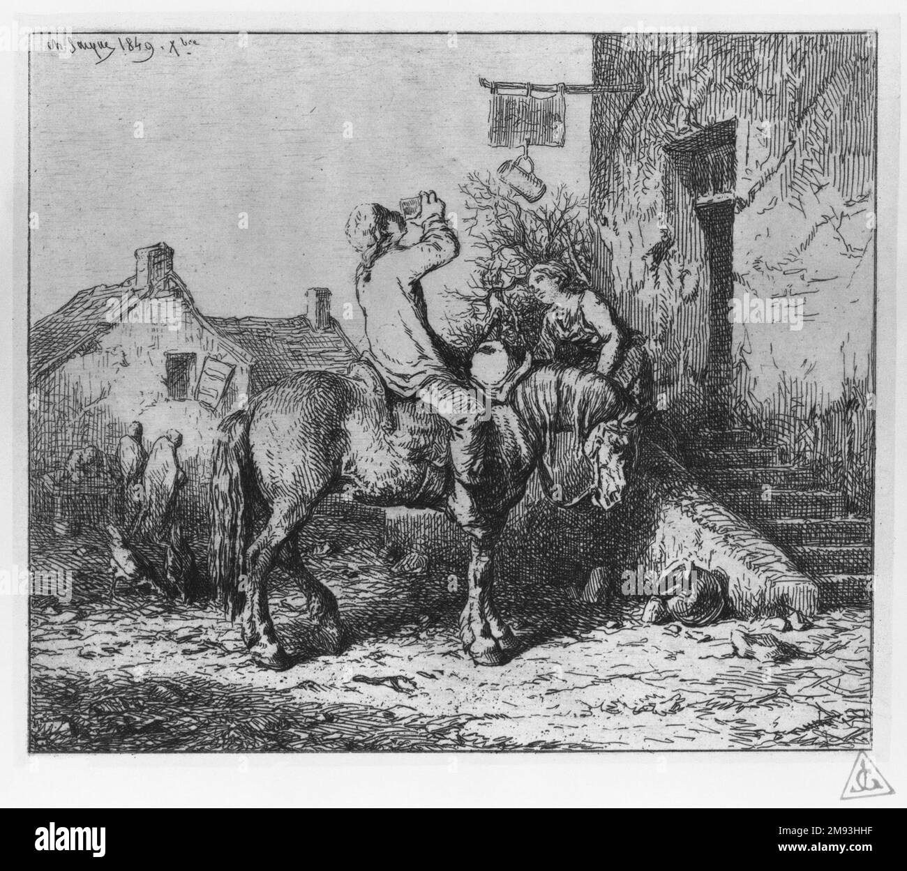 Porte d'Auberge Charles-Emile Jacque (Französisch, 1813-1894). , 1849. Ätzen mit Chine Collé auf liegendem Papier, 5 x 5 7/8 Zoll (12,7 x 14,9 cm). Europäische Art. 1849 Stockfoto