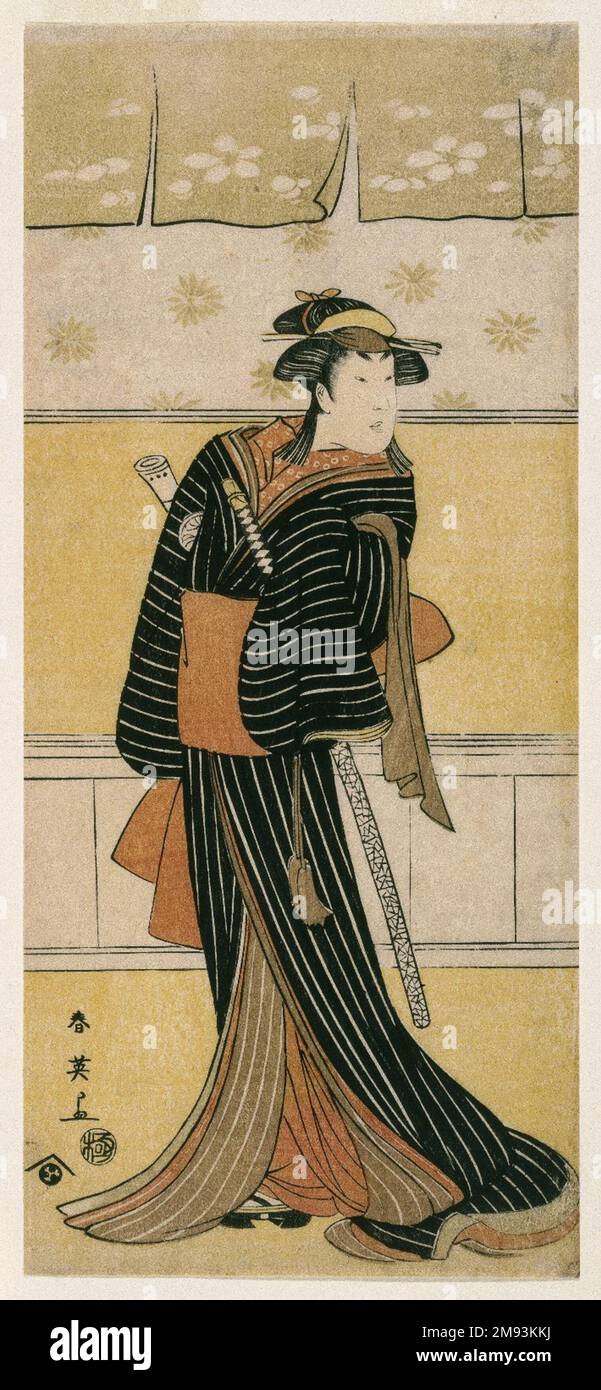 Der Schauspieler Ichikawa Monnosuke II als Karigane no Ofumi Katsukawa Shunei (Japaner, 1762-1819). Der Schauspieler Ichikawa Monnosuke II. Als Karigane no Ofumi 1792. Farbiger Holzblock auf Papier, 12 3/4 x 5 9/16 Zoll (32,0 x 14,2 cm). Asiatische Kunst 1792 Stockfoto