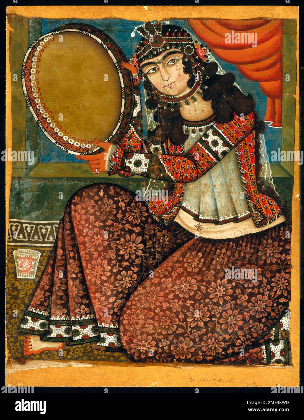 Lady mit Tambourine Unknown. Lady mit Tamburin, 19. Jahrhundert. Ölgemälde, 30 x 24 Zoll (76,2 x 61 cm). Kunst der islamischen Welt 19. Jahrhundert Stockfoto