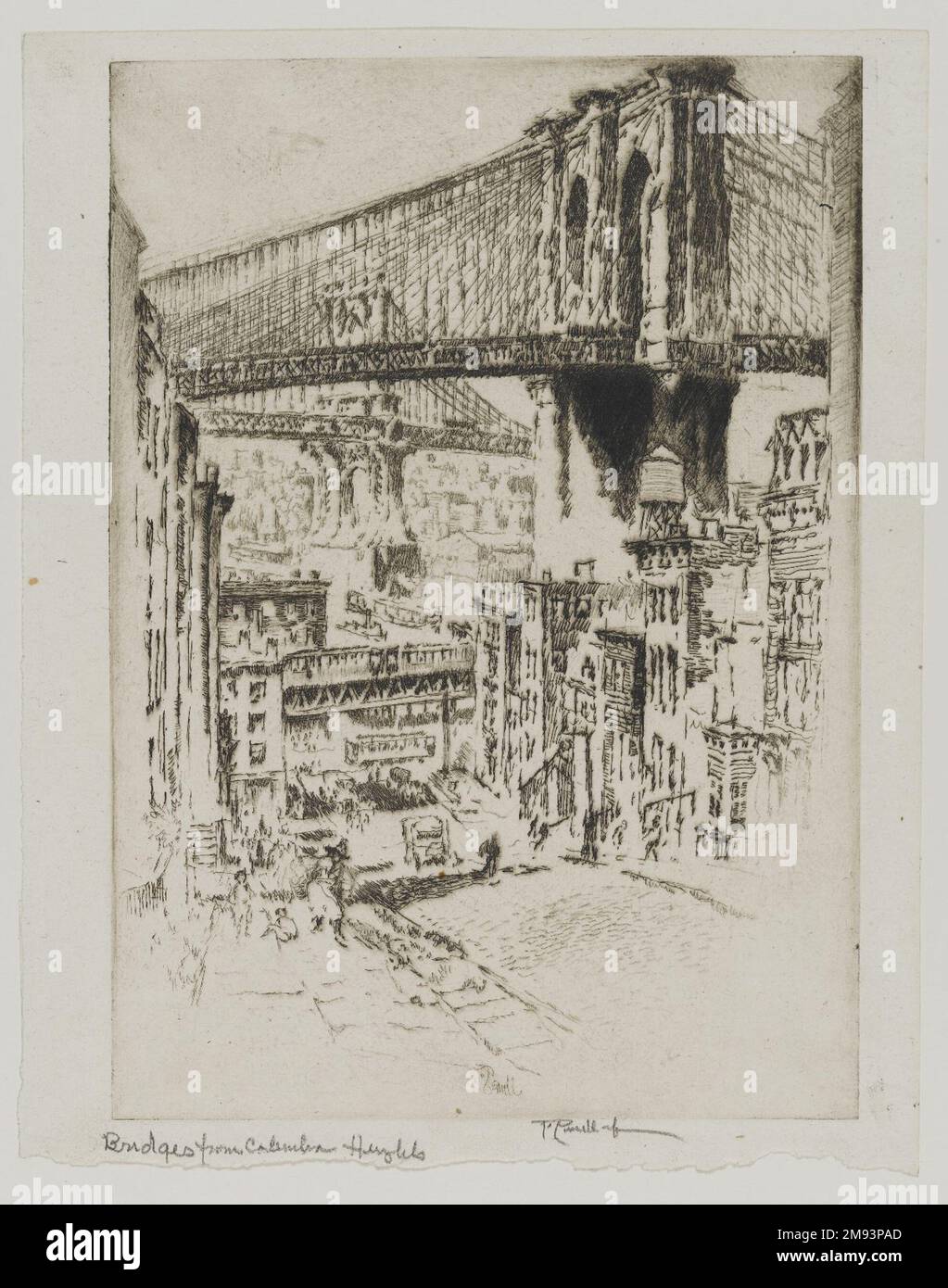 The Bridges Von Brooklyn Joseph Pennell (Amerikanisch, 1860-1926). , 1921. Ätzen, Bild: 9 3/4 x 10 3/16 Zoll (24,8 x 25,8 cm). Amerikanische Kunst 1921 Stockfoto