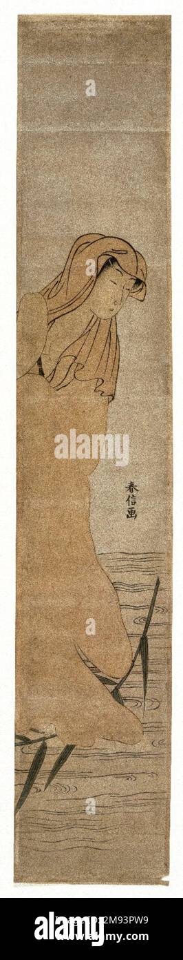 Parodie von Bodhidarma auf dem Weg zu einem Schilfblatt Suzuki Harunobu (Japanisch, 1724-1770). Die Parodie von Bodhidarma, die auf ein Reed Leaf, Ca. 1766" Holzblock-Farbdruck, 28 3/8 x 5 3/16 Zoll (71,9 x 13,1 cm). Asiatische Kunst ca. 1766 Stockfoto