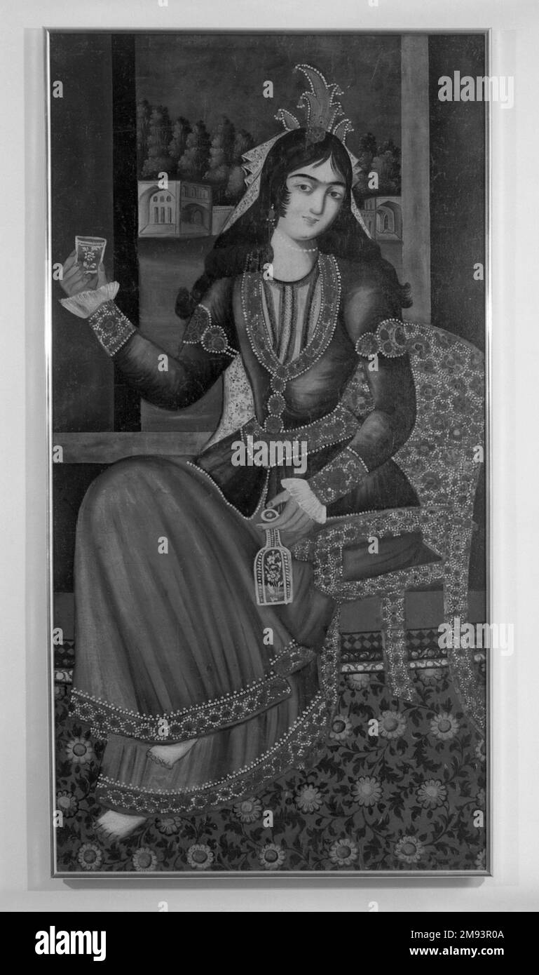 Gemälde einer sitzenden Frau Gemälde einer sitzenden Frau, Ende des 18. Jahrhunderts. Öl auf Segeltuch, 59 x 32 Zoll (149,9 x 81,3 cm). Kunst der islamischen Welt Ende des 18. Jahrhunderts Stockfoto