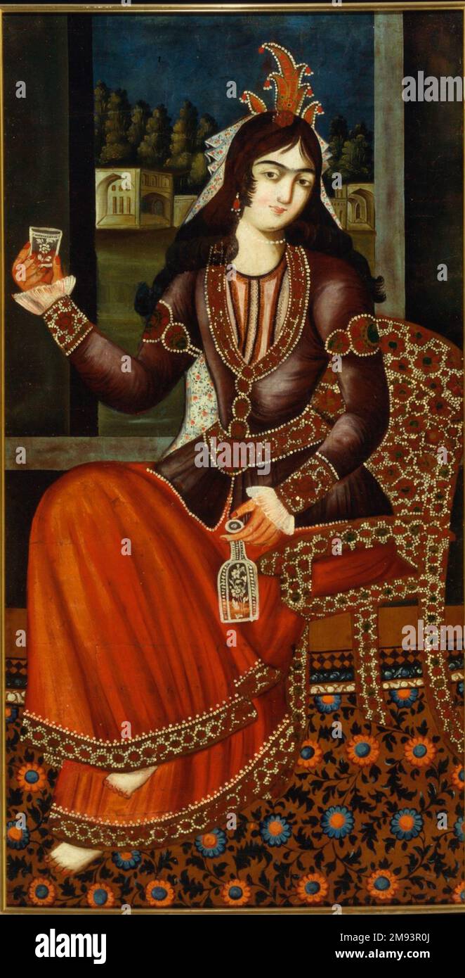 Gemälde einer sitzenden Frau Gemälde einer sitzenden Frau, Ende des 18. Jahrhunderts. Öl auf Segeltuch, 59 x 32 Zoll (149,9 x 81,3 cm). Kunst der islamischen Welt Ende des 18. Jahrhunderts Stockfoto