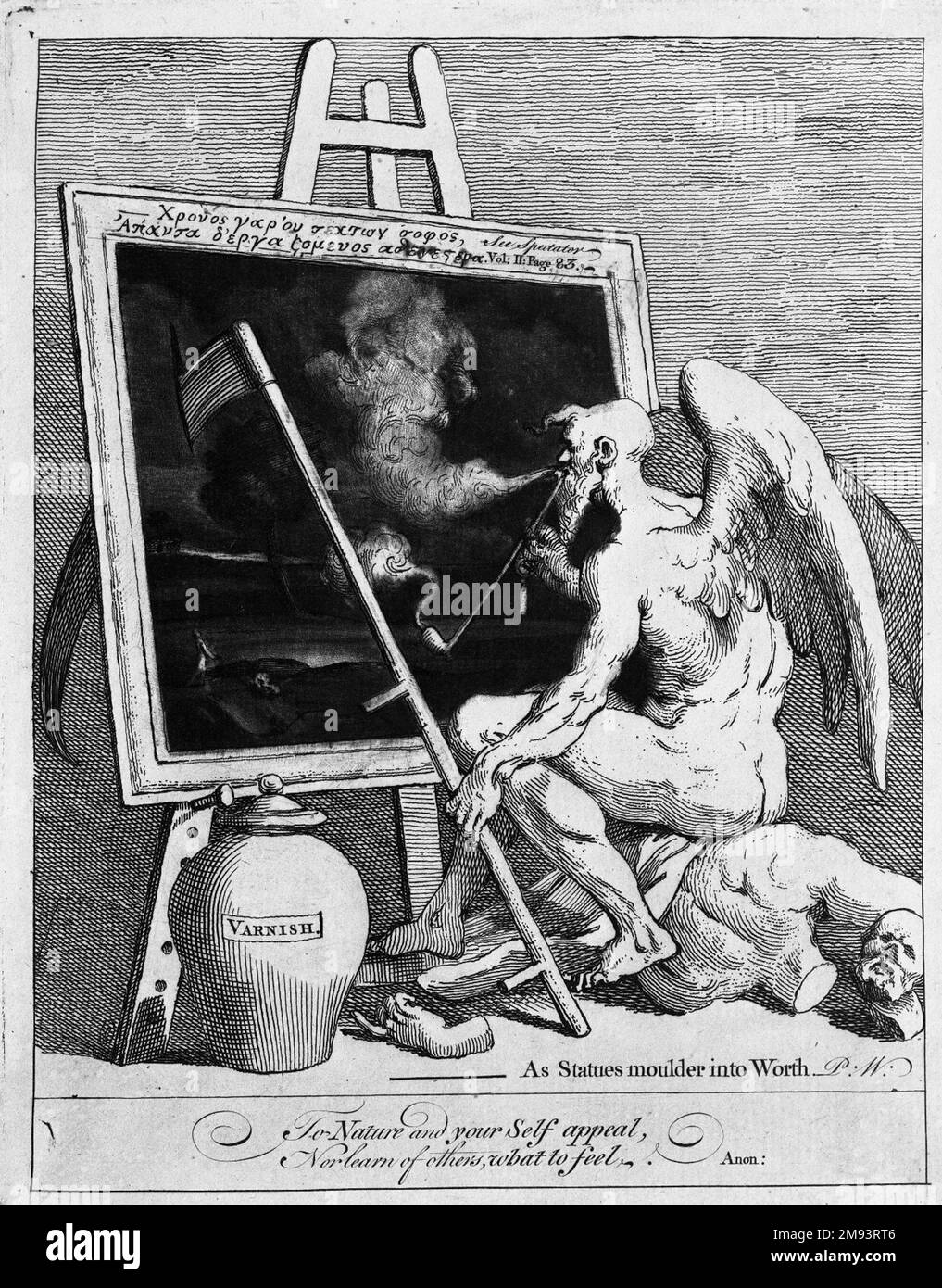 Time Smoking A Picture William Hogarth (Britisch, 1697-1764). , 1761. Ätzen, Mezzotint, Gravieren auf liegendem Papier, 9 1/16 x 7 3/16 Zoll (23 x 18,3 cm). Europäische Art. 1761 Stockfoto
