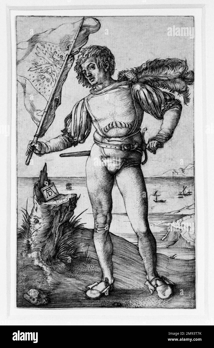 Der Standardträger Albrecht Dürer (Deutsch, 1471-1528). Der Standardträger, ca. 1500. Gravur auf liegendem Papier, 4 1/2 x 2 1/4 Zoll (11,4 x 5,7 cm). Albrecht Dürer untersuchte bewusst menschliche Proportionen und analysierte, wie anatomische Form sowohl in der Antike als auch in den Werken anderer Renaissance-Künstler dargestellt wurde. Hier betont die enge Kleidung des Standardträgers seine Muskulatur. Seine Haltung zeigt klassische Kontrapposto, bei der ein Bein leicht gebeugt ist, während das andere das volle Gewicht des Körpers trägt und eine sündige und anmutige Linie erzeugt. Contrapposto, wortwörtlich "Gegendarstellung" bedeutet, war a f Stockfoto
