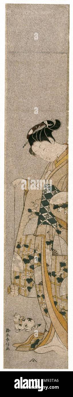 Frau, die mit einer Katze spielt, Parodie von Nyosan no Miya Suzuki Harunobu (Japanisch, 1724-1770). Frau spielt mit einer Katze, Parodie von Nyosan no Miya, Ca. 1767. Holzblock-Farbdruck, Blatt: 26 x 4 5/8 Zoll (71,0 x 11,8 cm). Asiatische Kunst ca. 1767 Stockfoto