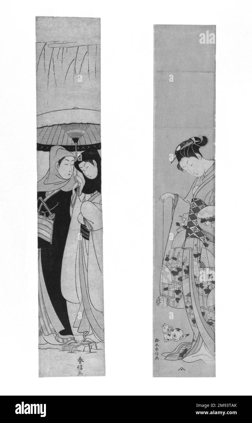 Frau, die mit einer Katze spielt, Parodie von Nyosan no Miya Suzuki Harunobu (Japanisch, 1724-1770). Frau spielt mit einer Katze, Parodie von Nyosan no Miya, Ca. 1767. Holzblock-Farbdruck, Blatt: 26 x 4 5/8 Zoll (71,0 x 11,8 cm). Asiatische Kunst ca. 1767 Stockfoto