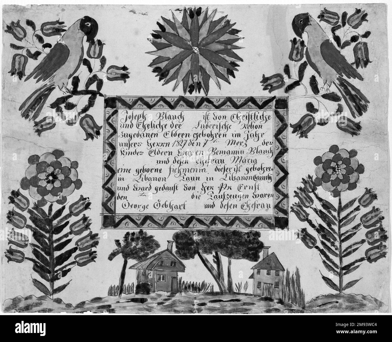 Fractur-Zeichnung Unbekannt. Fractur-Zeichnung, 1827. Stift, 12 3/4 x 16 Zoll (32,4 x 40,6 cm). Amerikanische Kunst 1827 Stockfoto