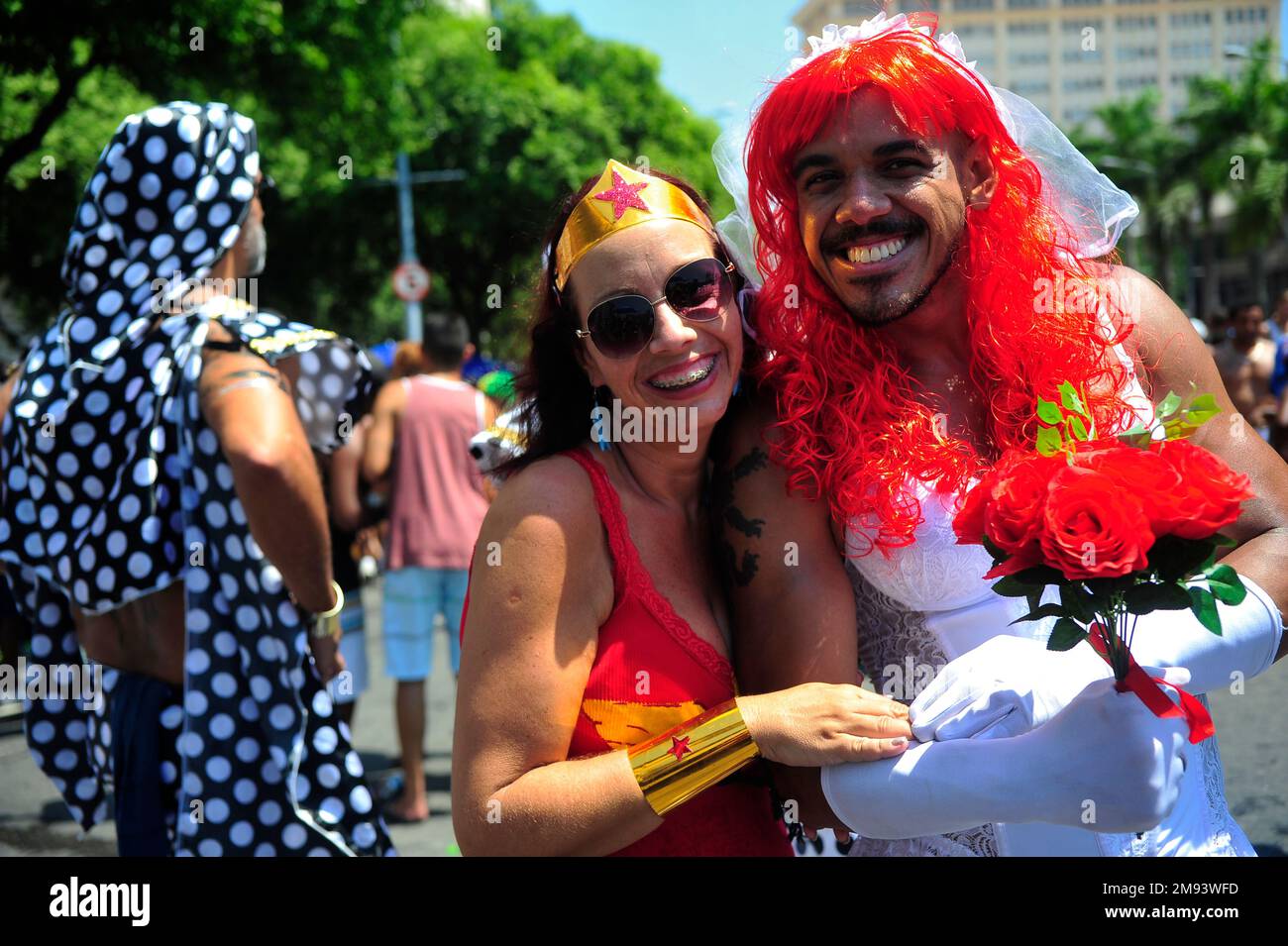 Die Leute tragen Kostüme für die brasilianische Karnevalsfeier. Revellers Party auf der Straßenparade - Rio de Janeiro, Brasilien 02.14.2015 Stockfoto