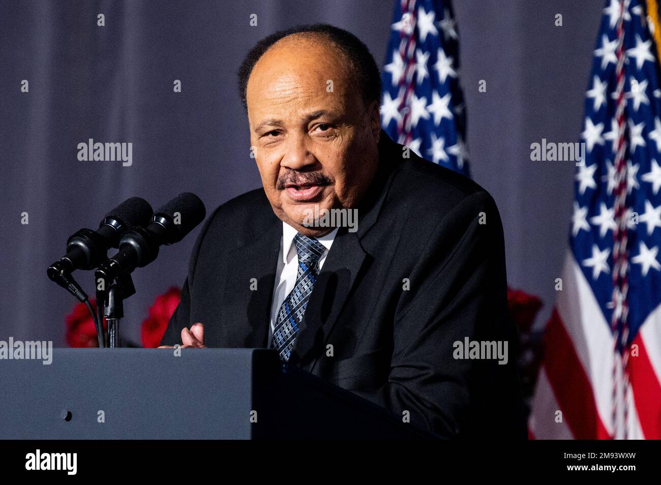 Washington, Usa. 16. Januar 2023. Martin Luther King, III., Vorstandsvorsitzender, Drum Major Institute, spricht im National Action Network (NAN) Martin Luther King, Jr. Tagesfrühstück im The Mayflower Hotel in Washington, D.C., (Foto: Michael Brochstein/Sipa USA) Guthaben: SIPA USA/Alamy Live News Stockfoto