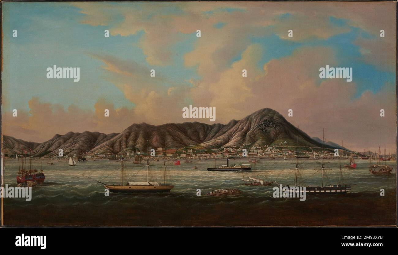 Blick auf Hong Kong Harbor Youqua. Blick auf den Hafen von Hongkong. Öl auf Segeltuch, 38 x 60 Zoll (96,5 x 152,4 cm). Europäische Kunst Stockfoto