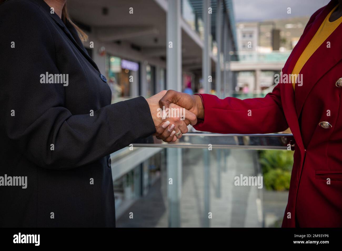 Zwei Geschäftsfrauen, Kaukasier und afrikaner, die sich die Hand schütteln, das Dealkonzept Stockfoto