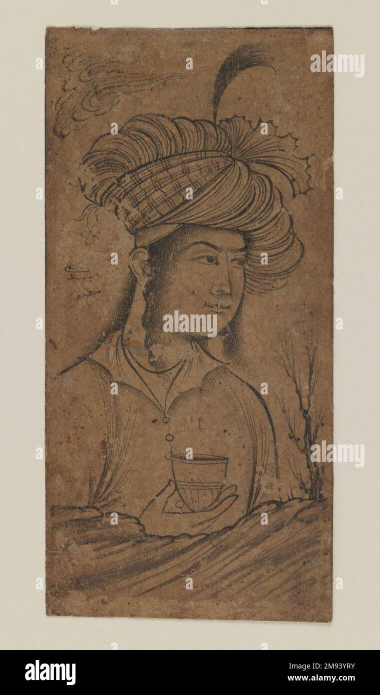 Junger Mann mit einem Cup Muhammad 'Ali. , 1650-1660. Tinte auf Papier, 4 1/2 x 2 1/4in. (11,4 x 5,7cm). Kunst der islamischen Welt 1650-1660 Stockfoto