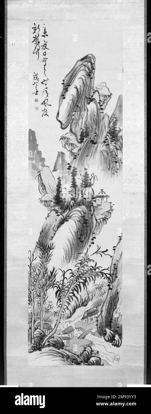 Landschaft Fujimoto Tesseki (Japanisch, 1817-1863). Landschaft, 19. Jahrhundert. Hängescroll, Tinte und helle Farbe auf Papier, 67 1/2 x 17 11/16in. (171,5 x 44,9cm). Asiatische Kunst im 19. Jahrhundert Stockfoto