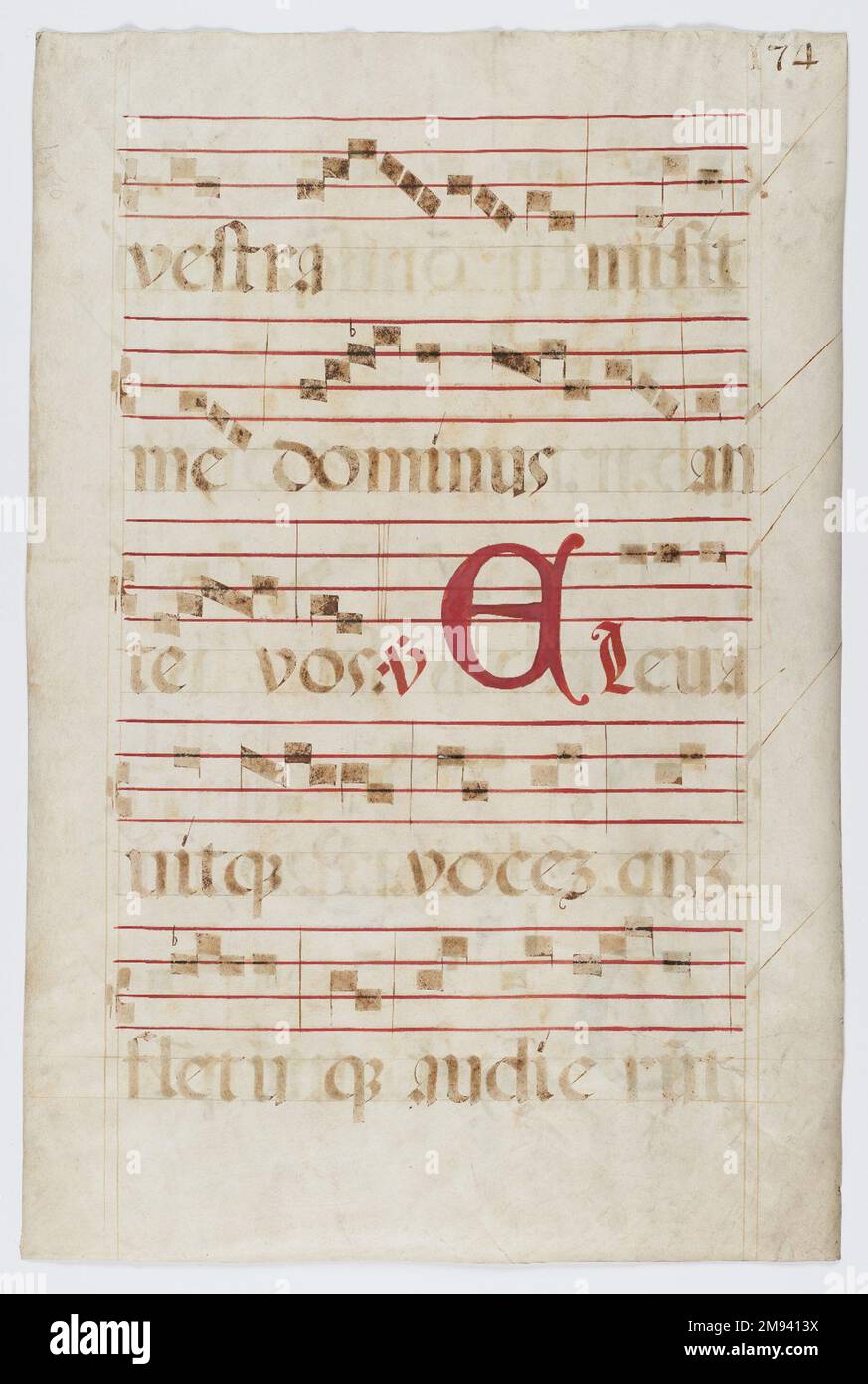 Musikmanuskript Musikmanuskript, 16. Jahrhundert. Farbe auf Velinpapier, 23 13/16 x 15 15/16 Zoll (60,5 x 40,5 cm). Europäische Kunst des 16. Jahrhunderts Stockfoto