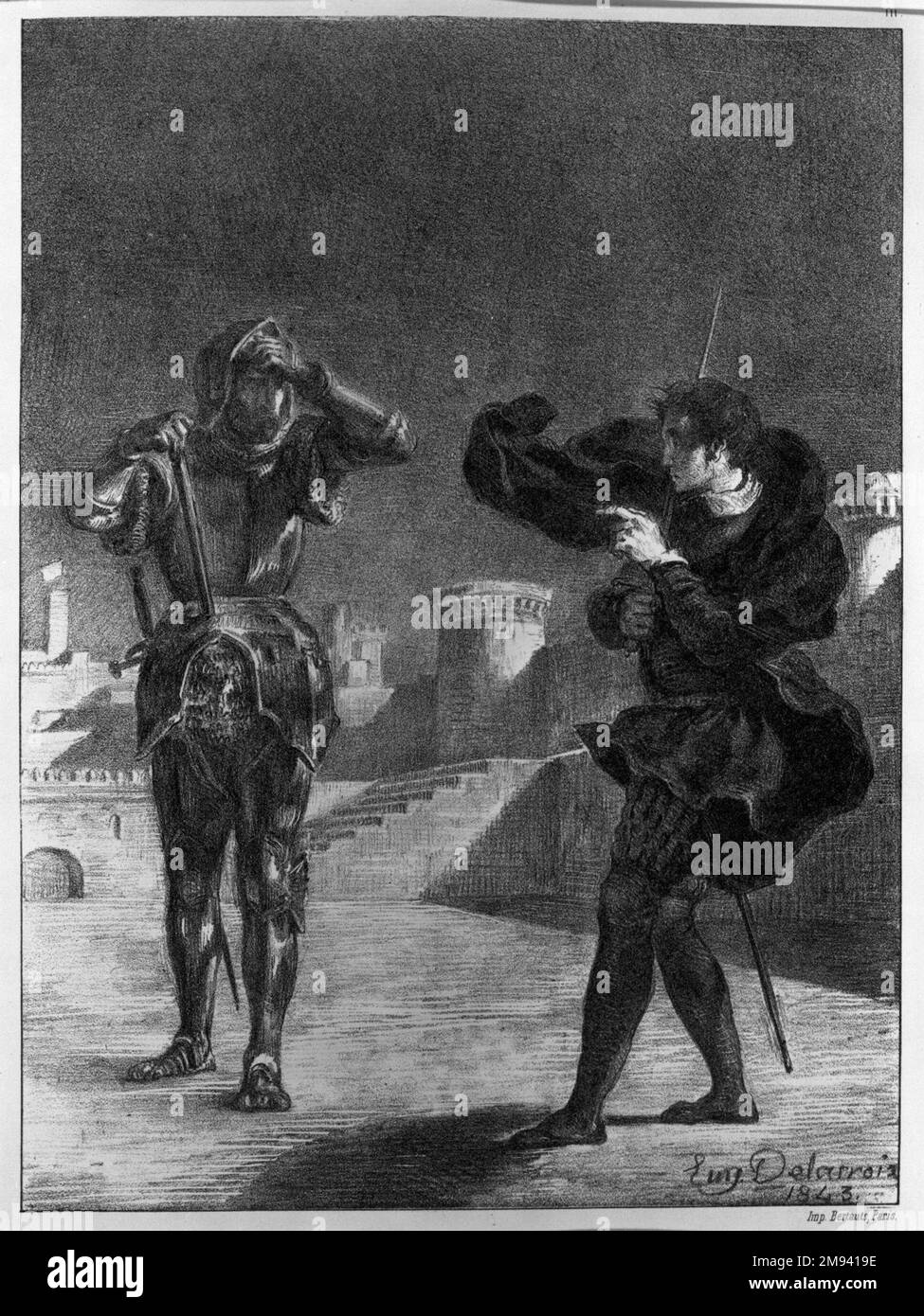 The Phantom on the Terrace, Hamlet Eugène Delacroix (Französisch, 1798-1863). , 1843. Lithograf auf gewebtem Bogen-Papier, 10 3/8 x 7 5/8 cm (26,4 x 19,4 cm). Europäische Art. 1843 Stockfoto