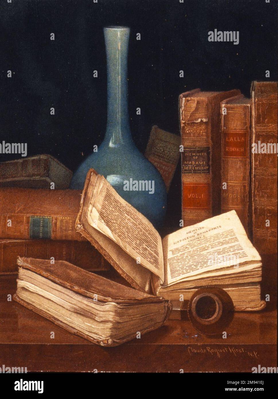 Der Bücherwurm's Table Claude Raguet Hirst (Amerikanisch, 1855-1942). Der Bücherwurmtisch, 1890er. Aquarell über Graphit auf cremefarbenem, mäßig dickem, grob strukturiertem gewebtem Papier, 12 1/2 x 9 1/2 cm (31,8 x 24,1 cm). Amerikanische Kunst 1890er Stockfoto