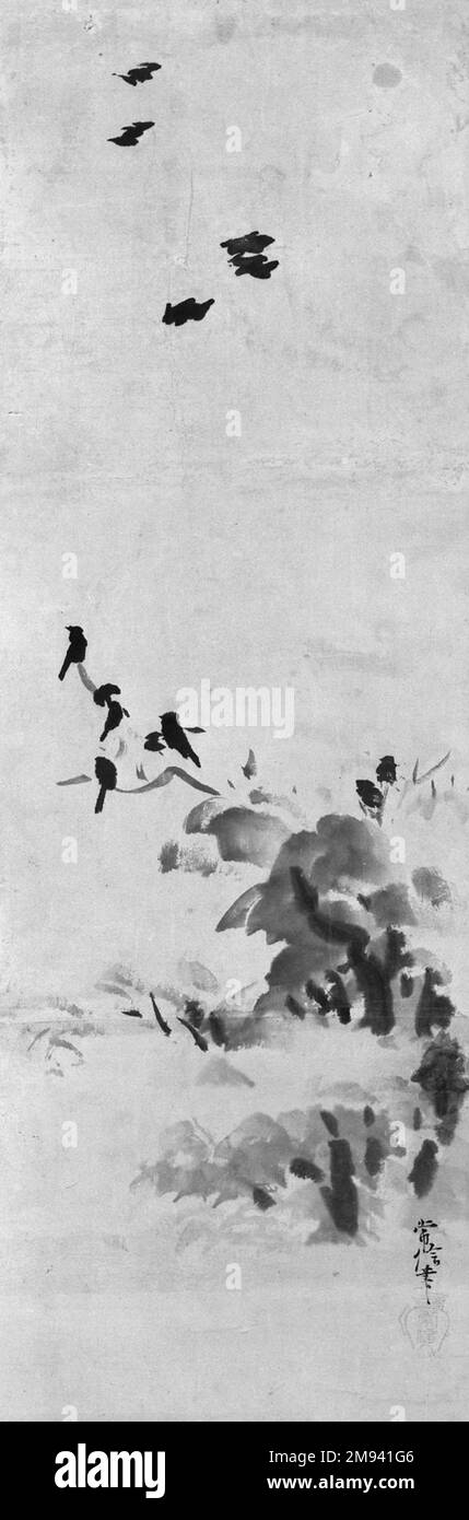 Krähen und Baum Kano Tsunenobu (Japanisch, 1636-1713). , 17.-18. Jahrhundert. Hängescroll, Tinte auf Papier, Bild: 24 1/2 x 8 1/4 cm (62,2 x 21 cm). Asiatische Kunst 17.-18. Jahrhundert Stockfoto