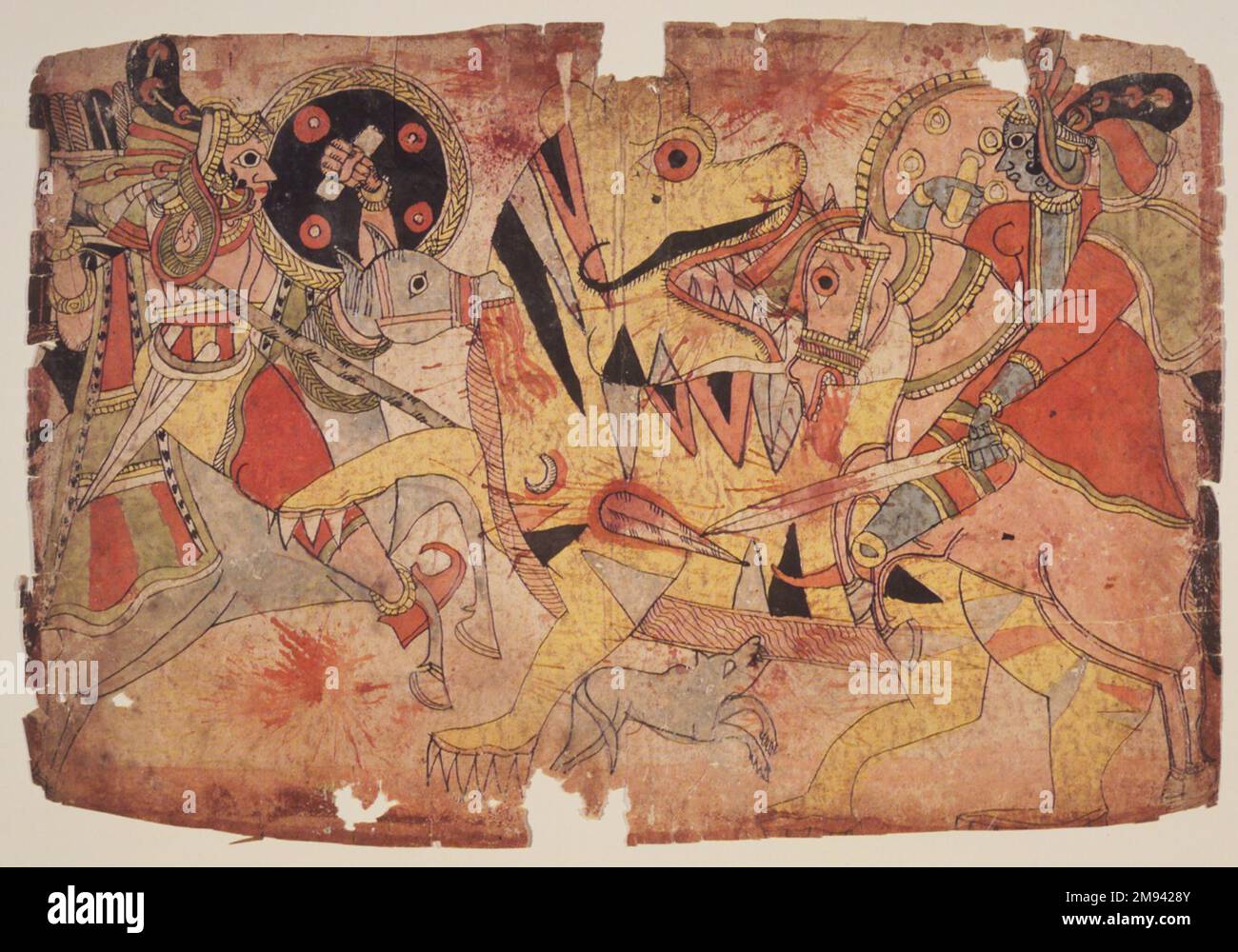 Gottheiten kämpfen gegen einen Tiger Gottheiten kämpfen gegen einen Tiger, Ca. 1830-1850. Aquarell auf Papier, 11 1/4 x 16 1/2 Zoll (28,6 x 41,9 cm). Asiatische Kunst ca. 1830-1850 Stockfoto