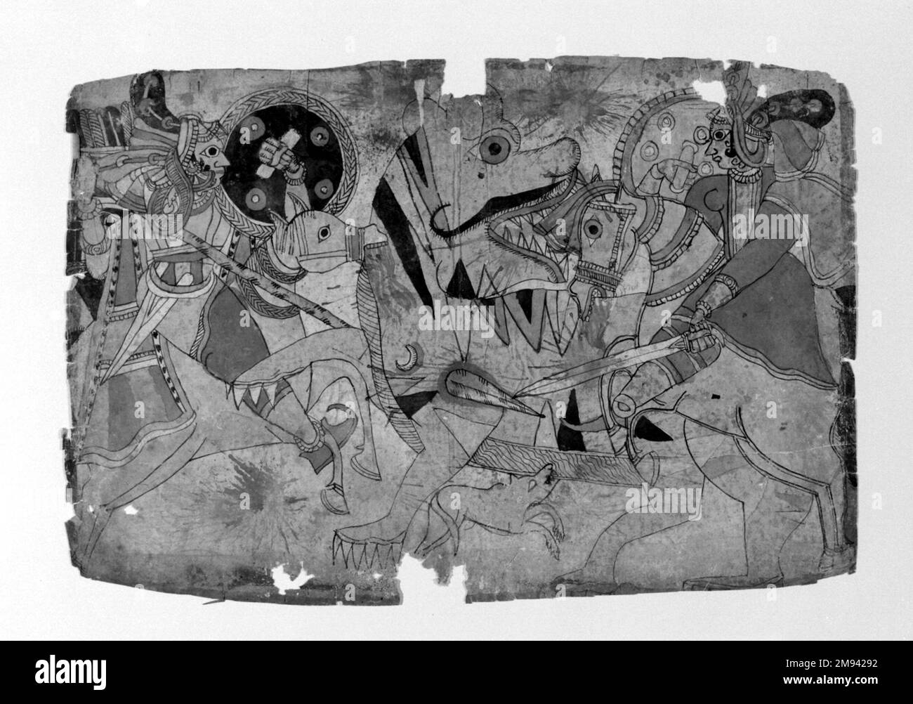 Gottheiten kämpfen gegen einen Tiger Gottheiten kämpfen gegen einen Tiger, Ca. 1830-1850. Aquarell auf Papier, 11 1/4 x 16 1/2 Zoll (28,6 x 41,9 cm). Asiatische Kunst ca. 1830-1850 Stockfoto