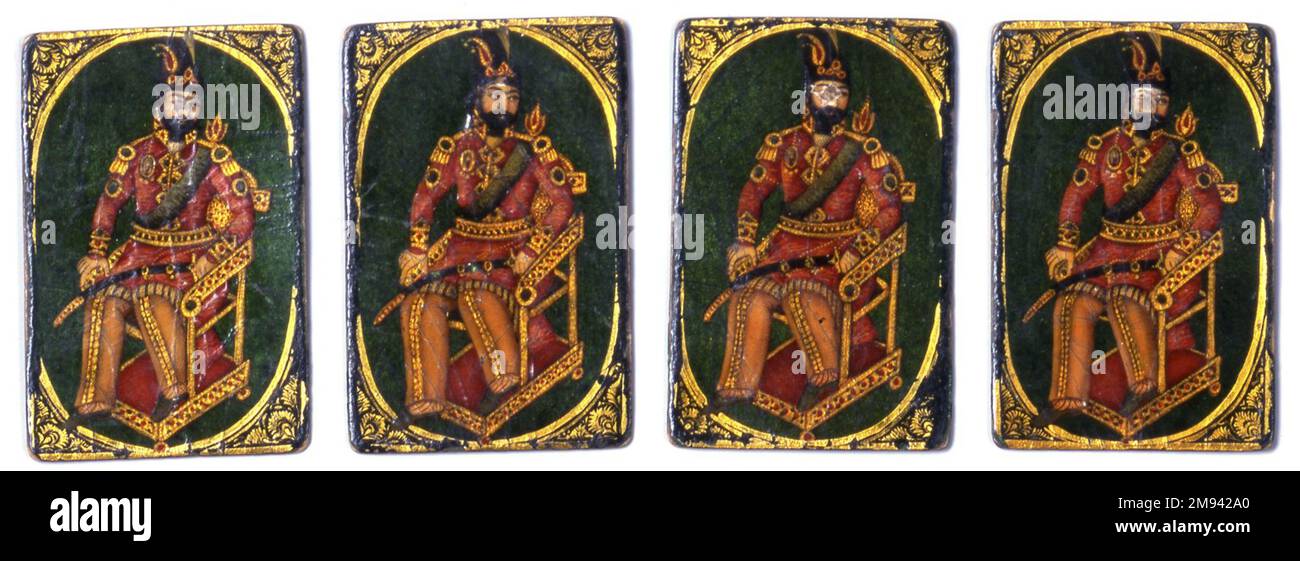 Schah oder König Spielkarte für das Spiel NAS Schah oder König Spielkarte für das Spiel NAS, Mitte des 19. Jahrhunderts. Tinte, lichtundurchlässige Aquarelle und Gold auf Holz oder papiermâché unter lackiertem Lack, 2 3/8 x 1 9/16 Zoll (6,0 x 4,0 cm). Kunst der islamischen Welt Mitte des 19. Jahrhunderts Stockfoto