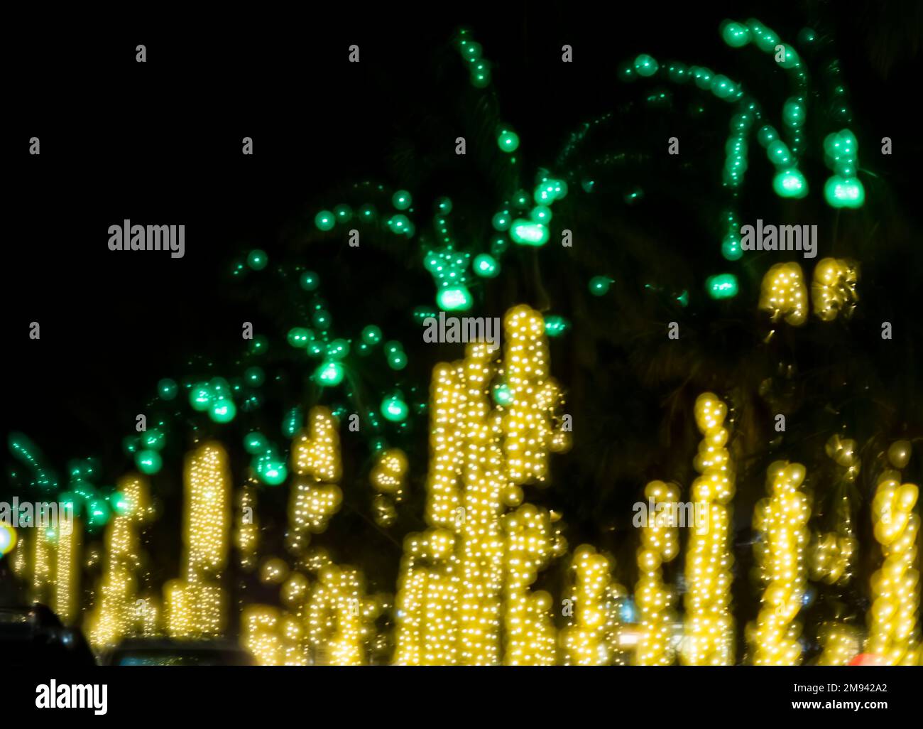 Eine abstrakte Version von Gold und grünen Weihnachtslichtern in Palmen in Venedig, Florida, USA Stockfoto