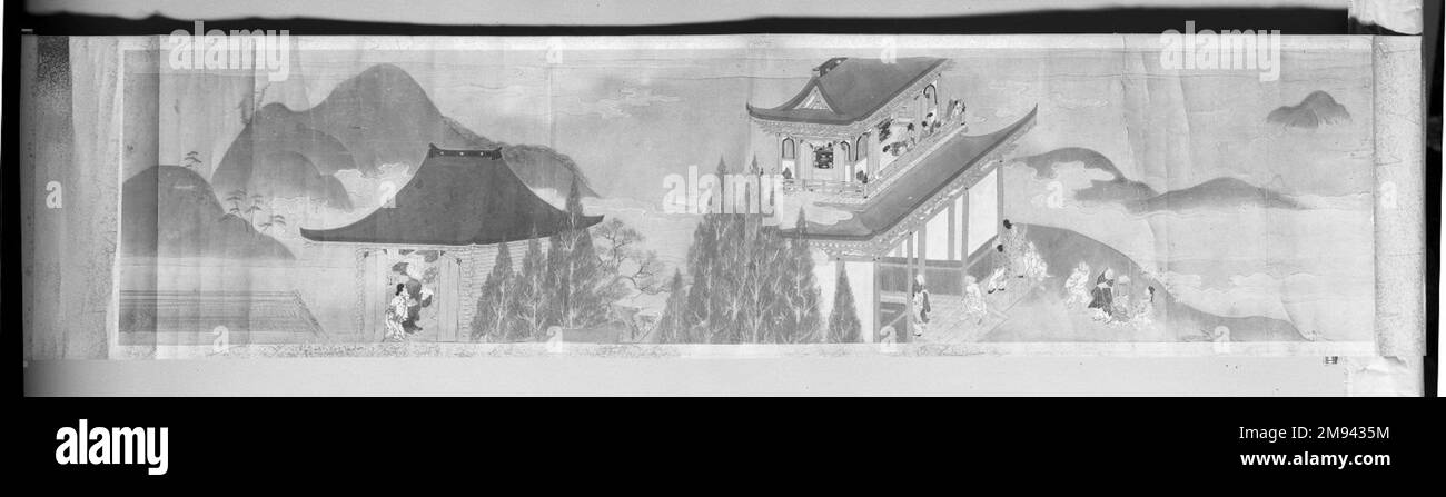 Abschnitt einer Erzählrolle und zwei Stoffverpackungen und Box, ca. 1600. Handscrollen, Tinte und Farben auf Papier, Seidenkrepppapier, lackiertes Holz, .1-Farbe: 52 3/8 x 12 3/8 Zoll (133 x 31,4 cm). Asiatische Kunst ca. 1600 Stockfoto