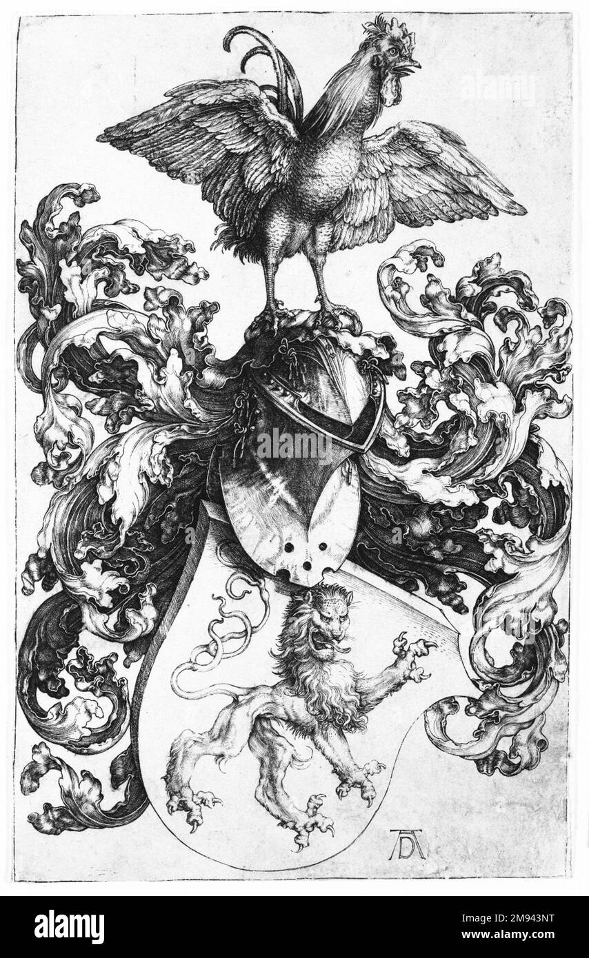 Der Wappen mit Löwen und Hahn Albrecht Dürer (Deutschland, 1471-1528). Der Mantel des Gewehrs mit Löwen und Hahn, 1503. Gravur auf liegendem Papier, 7 1/4 x 4 3/4 Zoll (18,4 x 12,1 cm). Europäische Art. 1503 Stockfoto
