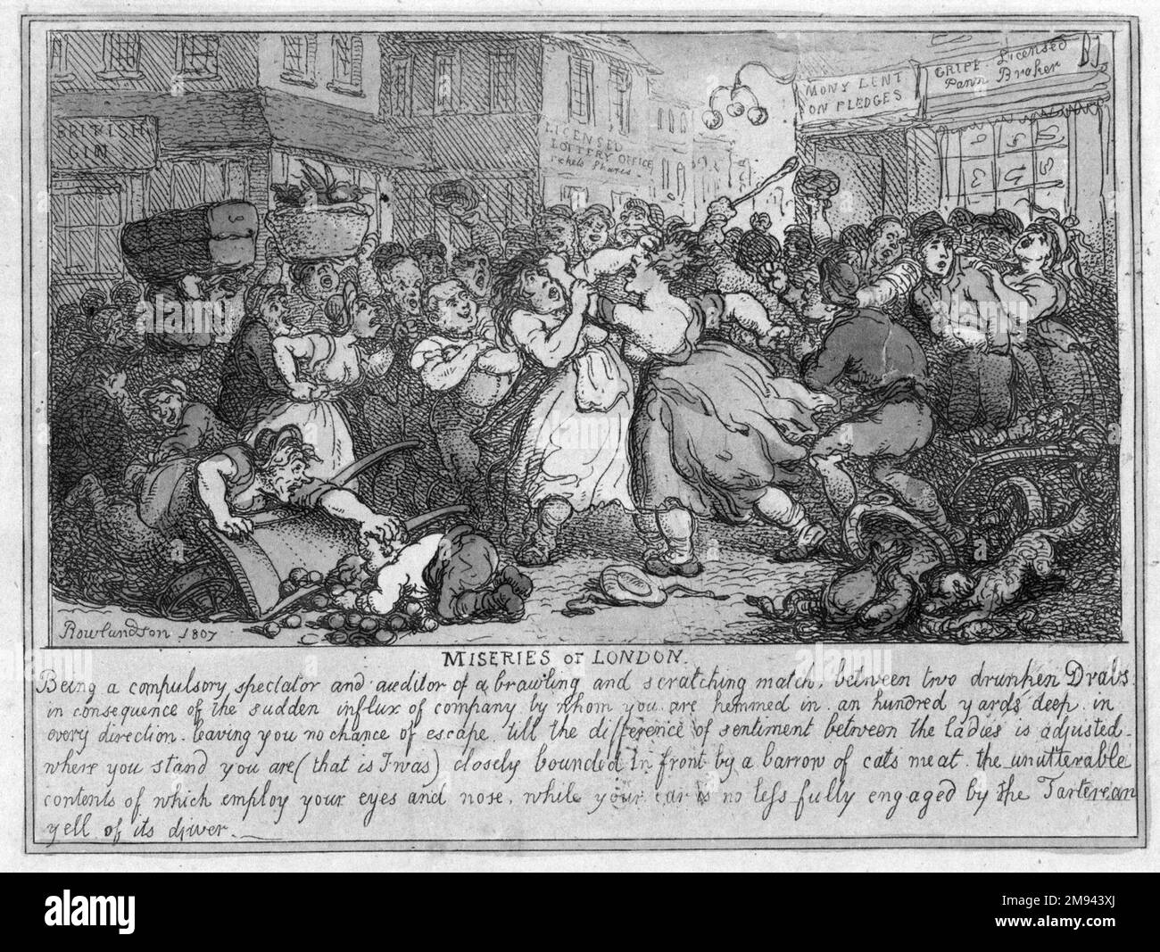 Das Elend von London Thomas Rowlandson (Britisch, 1756-1827). , 1807. Ätzen, handgefärbt auf gewebtem Papier, PL.: 5 1/8 x 7 1/4 Zoll (13 x 18,4 cm). Europäische Art. 1807 Stockfoto